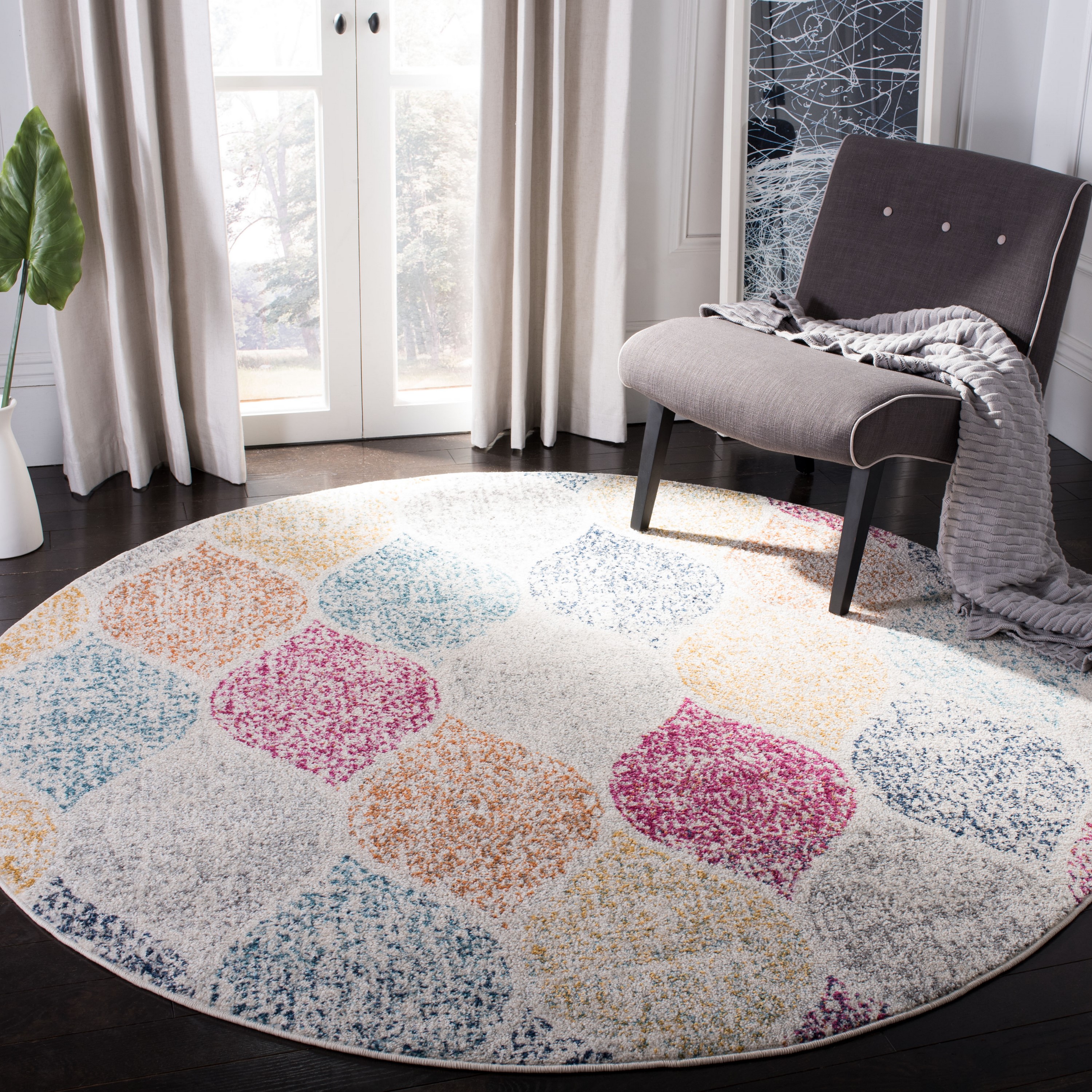 Safavieh MAD604C-4R Madison Westmont 4 x 4 (ft) Loomed Synthetic Creme/Yellow Round Indoor Trellis Farmhouse/Cottage Area rug