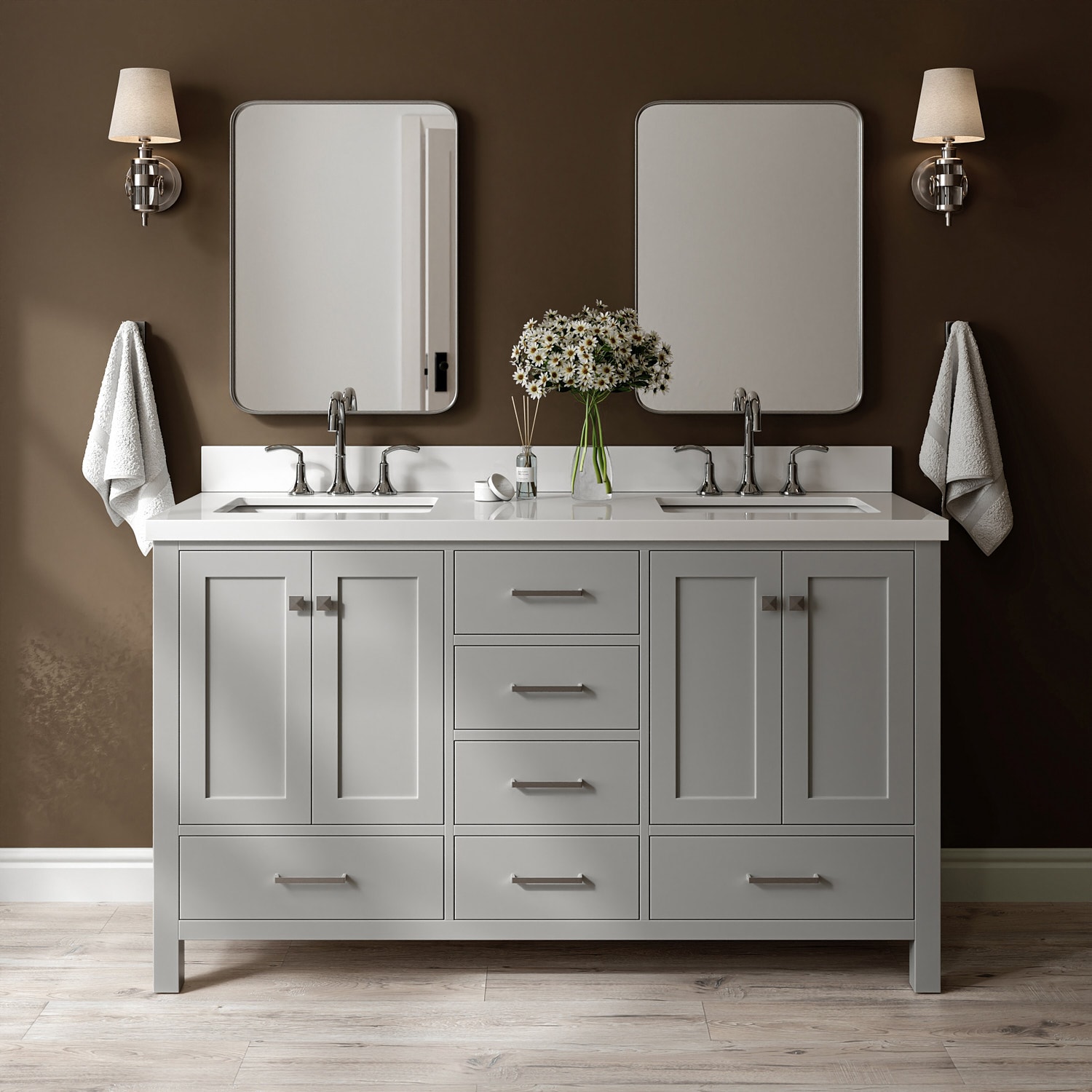 ARIEL A061DWQRVOGRY Cambridge 61-in Gray Undermount Double Sink Bathroom Vanity with Pure White Quartz Quartz Top