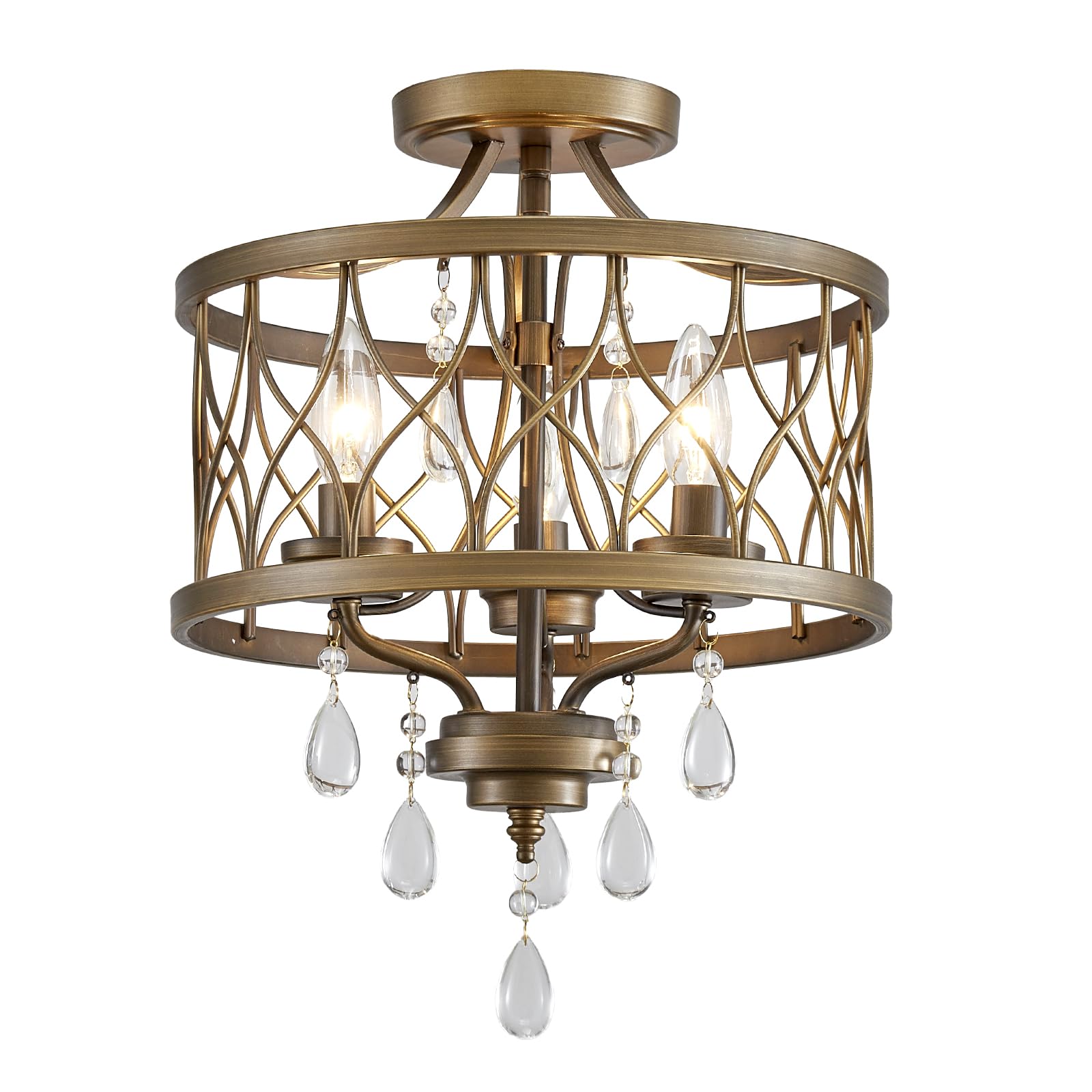 IUEST  Farmhouse Crystal Ceiling Light Fixture 3-Light Semi Flush Mount Chandelier Rustic Vintage Bronze Pendant Lamp for Hallway Kitchen Bedroom