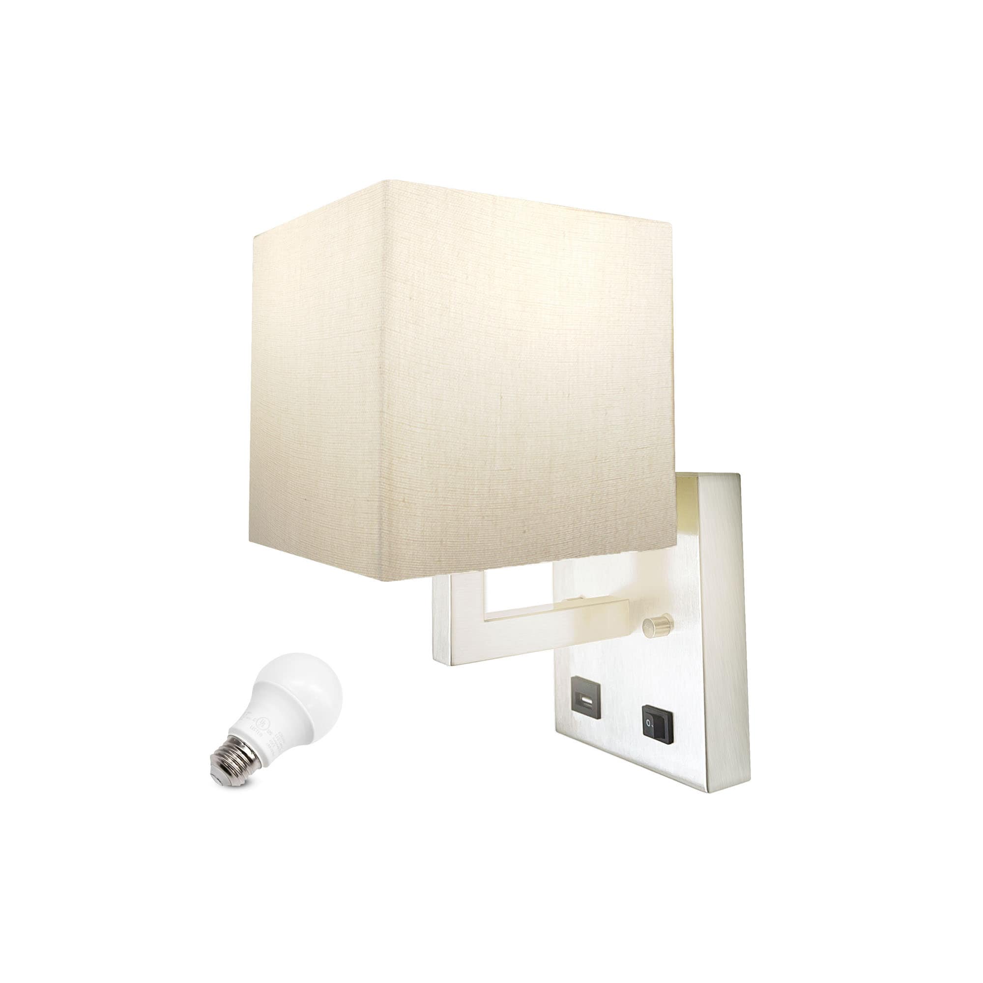 Homdec LED Bedside Wall Sconce with USB Charger 5V 2.4A and On Off Switch,  120V AC, 60W Max, 1 Replaceable E26 LED Light Bulb, Screws Installation,  Dimension W 8 1/2'', H 10