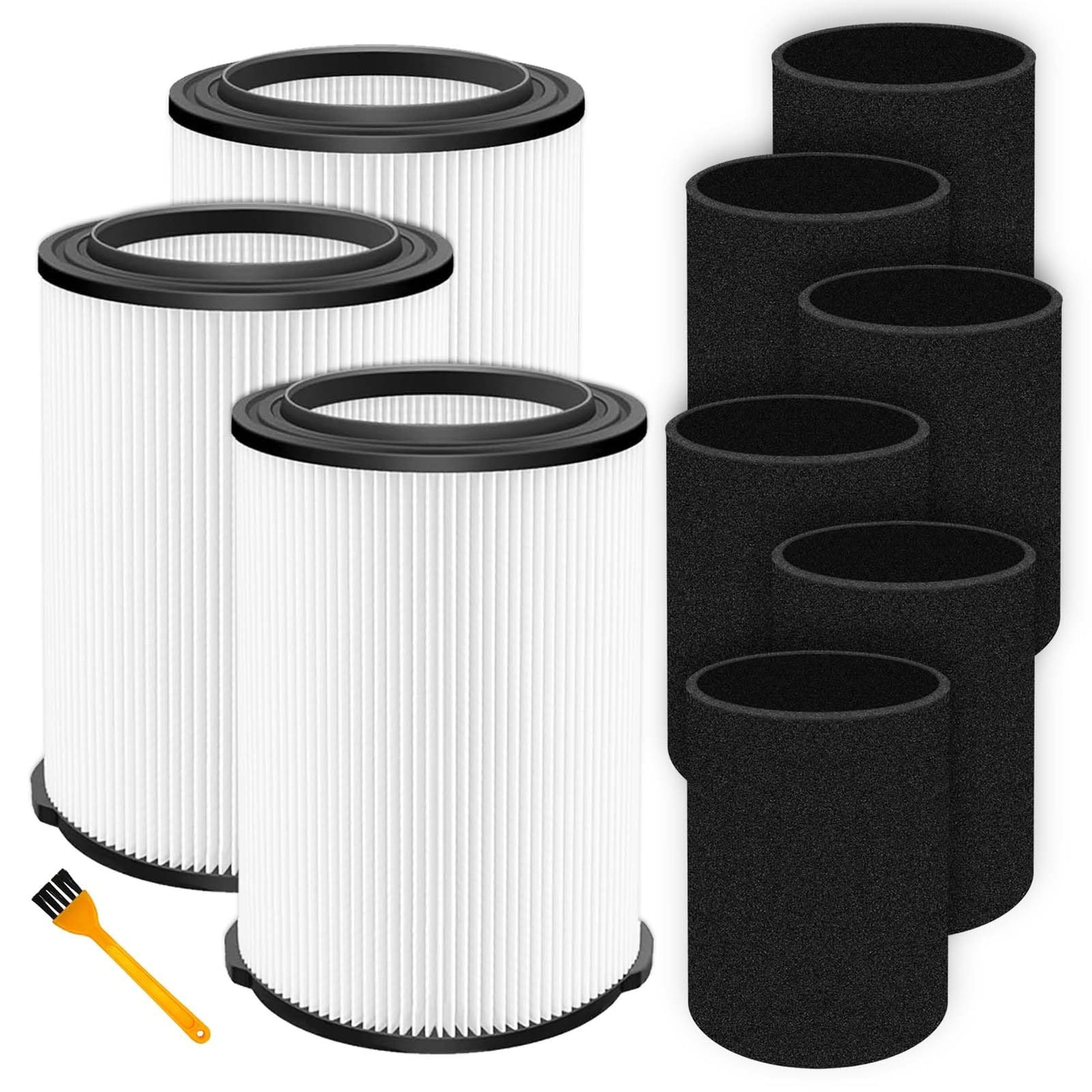 Angel Sar 3 Pcs VF4000 Filter Replacement for 5 20 Gallon Ridgid Shop Vac and 6 9 Gallon Husky with 6 Foam Sleeves and Brush