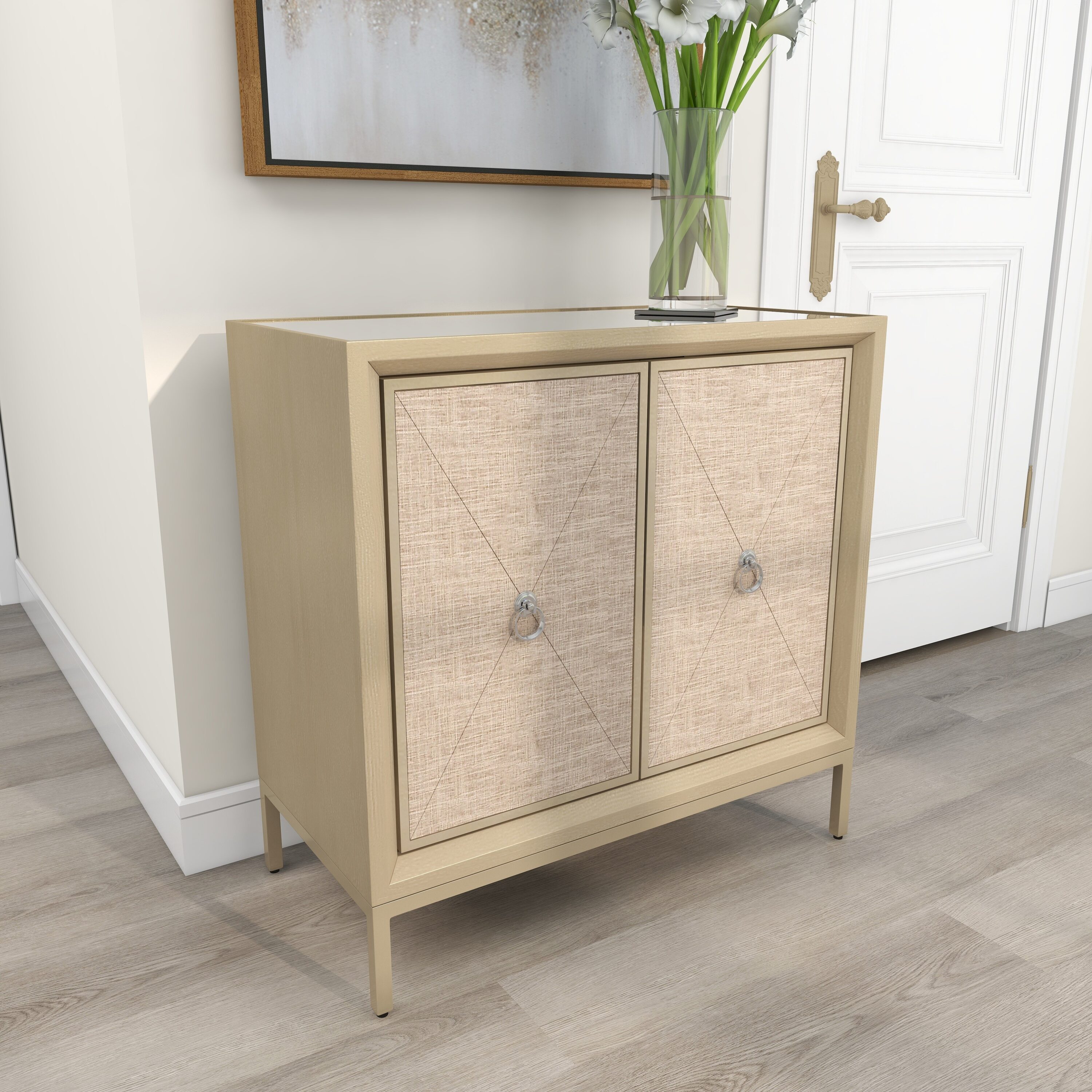 Grayson Lane Gray Upholstered Front Panel 1 Shelf and 3 Doors Accent Chest