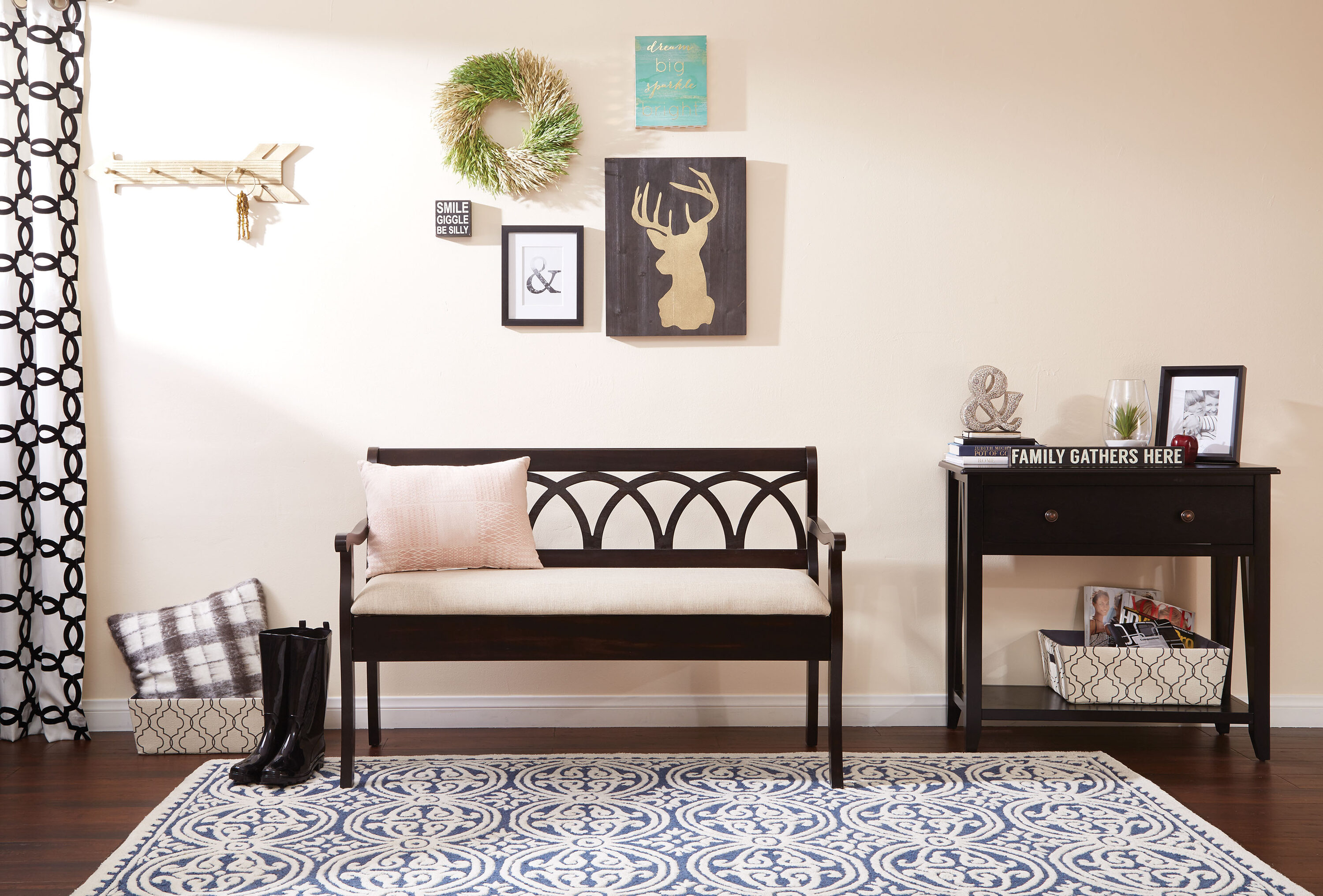 OSP Home Furnishings CVN371-AB  Modern Black Storage Bench with Storage 48-Inches x 21-Inches x 32.25-Inches