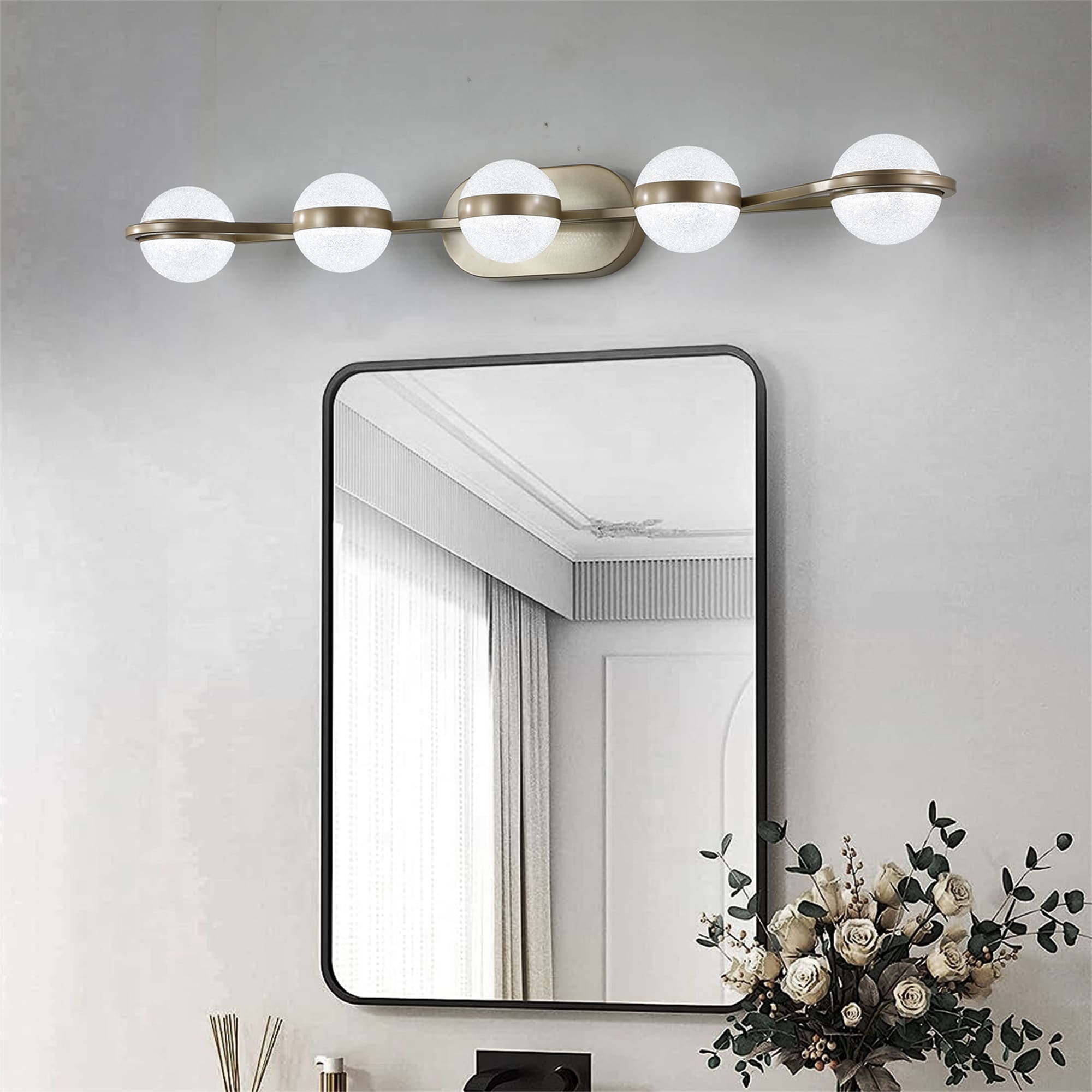 BABOOM BOM-P143675-OR Modern Minimalist Bathroom Vanity Light 35.4-in 5 -Light Brushed Gold Integrated LED Modern/contemporary Vanity light