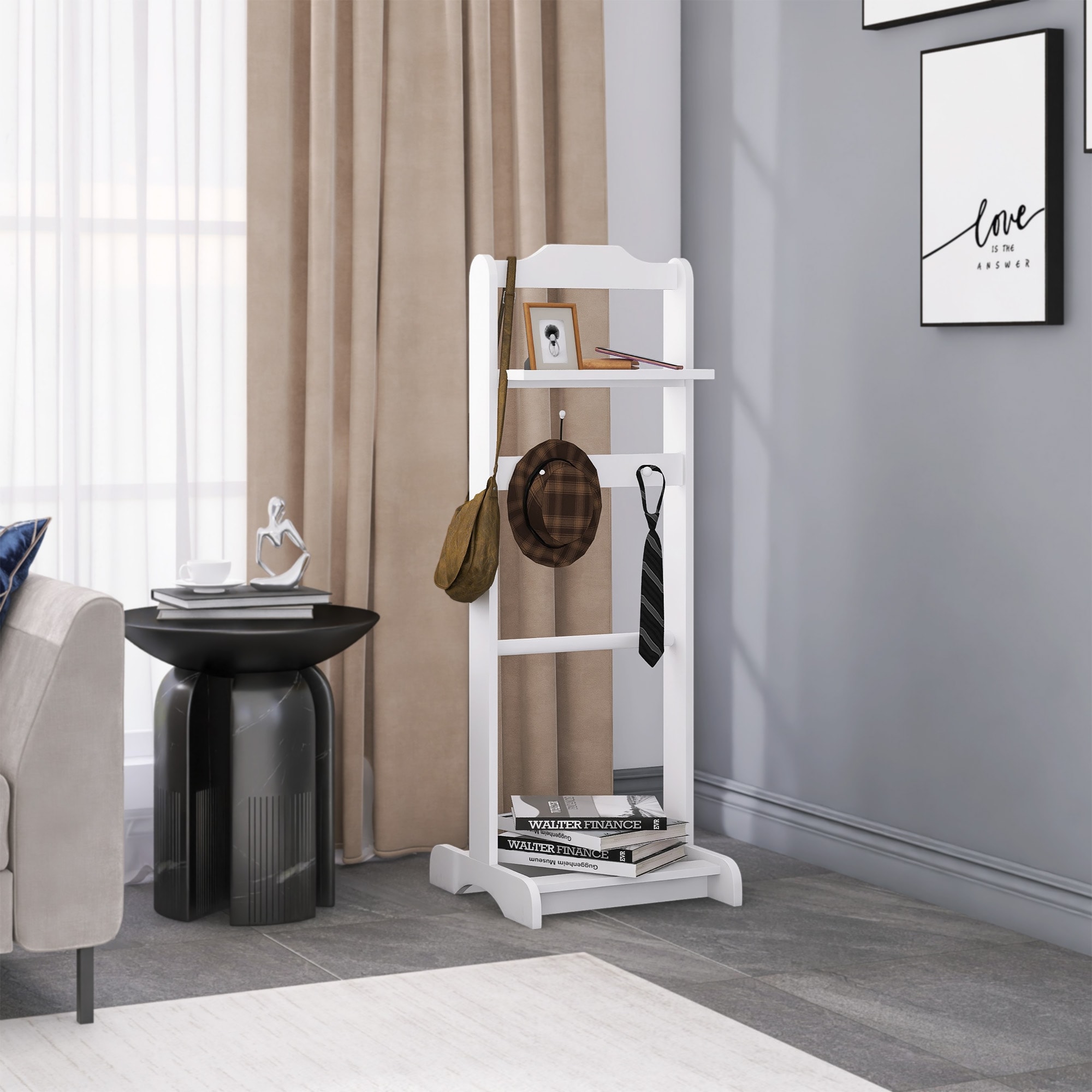 LOVMOR SF-M-W760P178208 Accent Portable Garment Rack Clothes Valet Stand with Storage Organizer White Finish