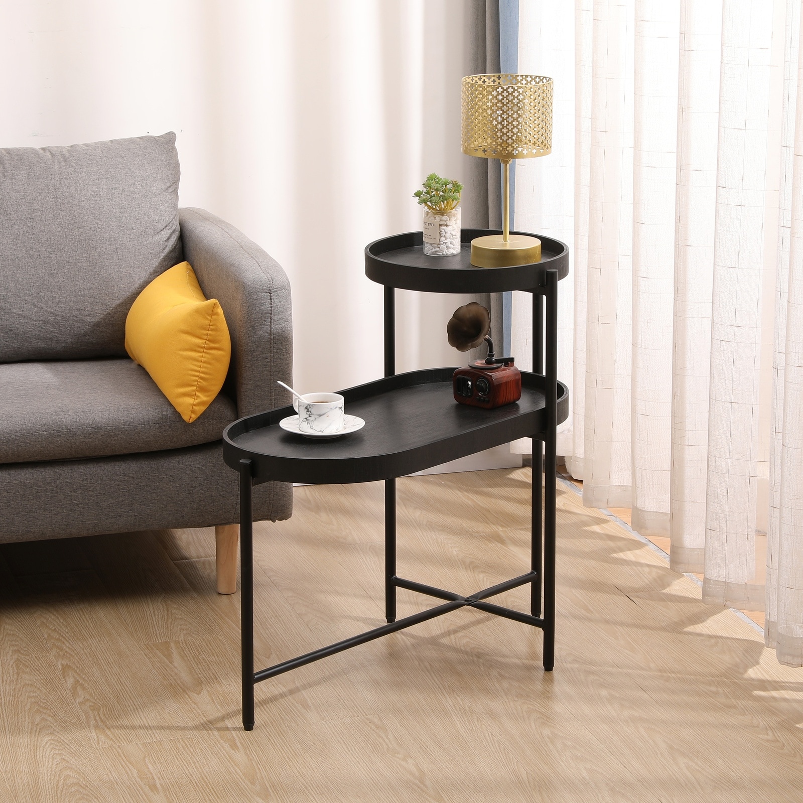 Horizons Prime - 27 inch x 14 inch x 28 inch Black Metal and MDF 2-Tier End Table with X-Shape St...