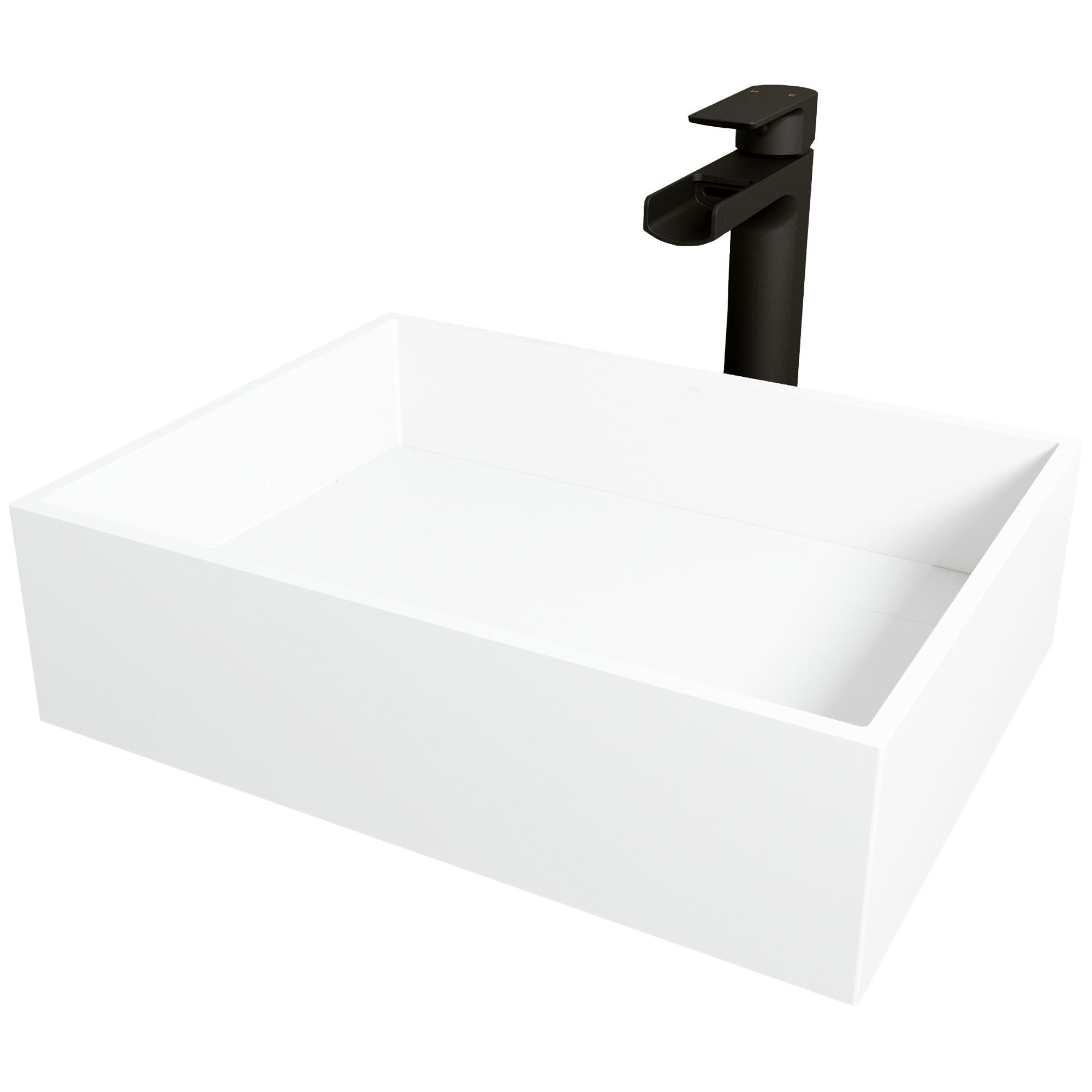 VIGO VGT2038 Montauk Matte Stone 17-in Vessel Rectangular Modern White Bathroom Sink with Faucet Included with Drain Included