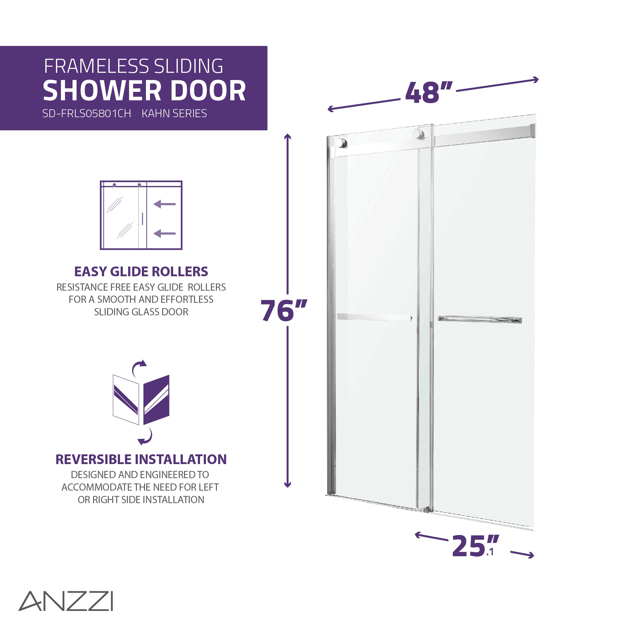 Kahn 48" x 76" Frameless Sliding Shower Door in Polished Chrome