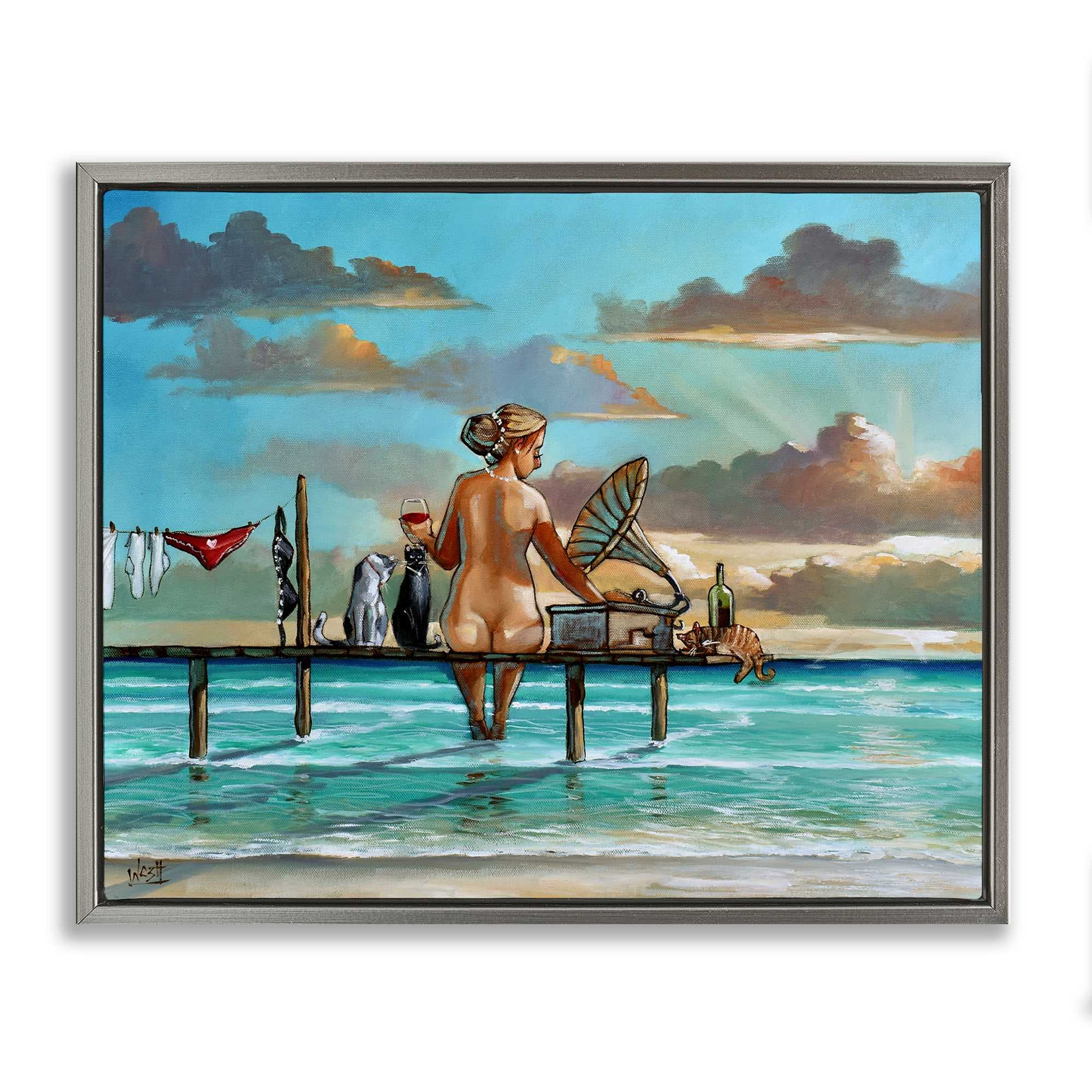 Stupell Industries BS-770-FFL-16X20 Woman and Cats Beach Sunset Gray Framed Floater Canvas Wall Art By Ronald West 21 x 17