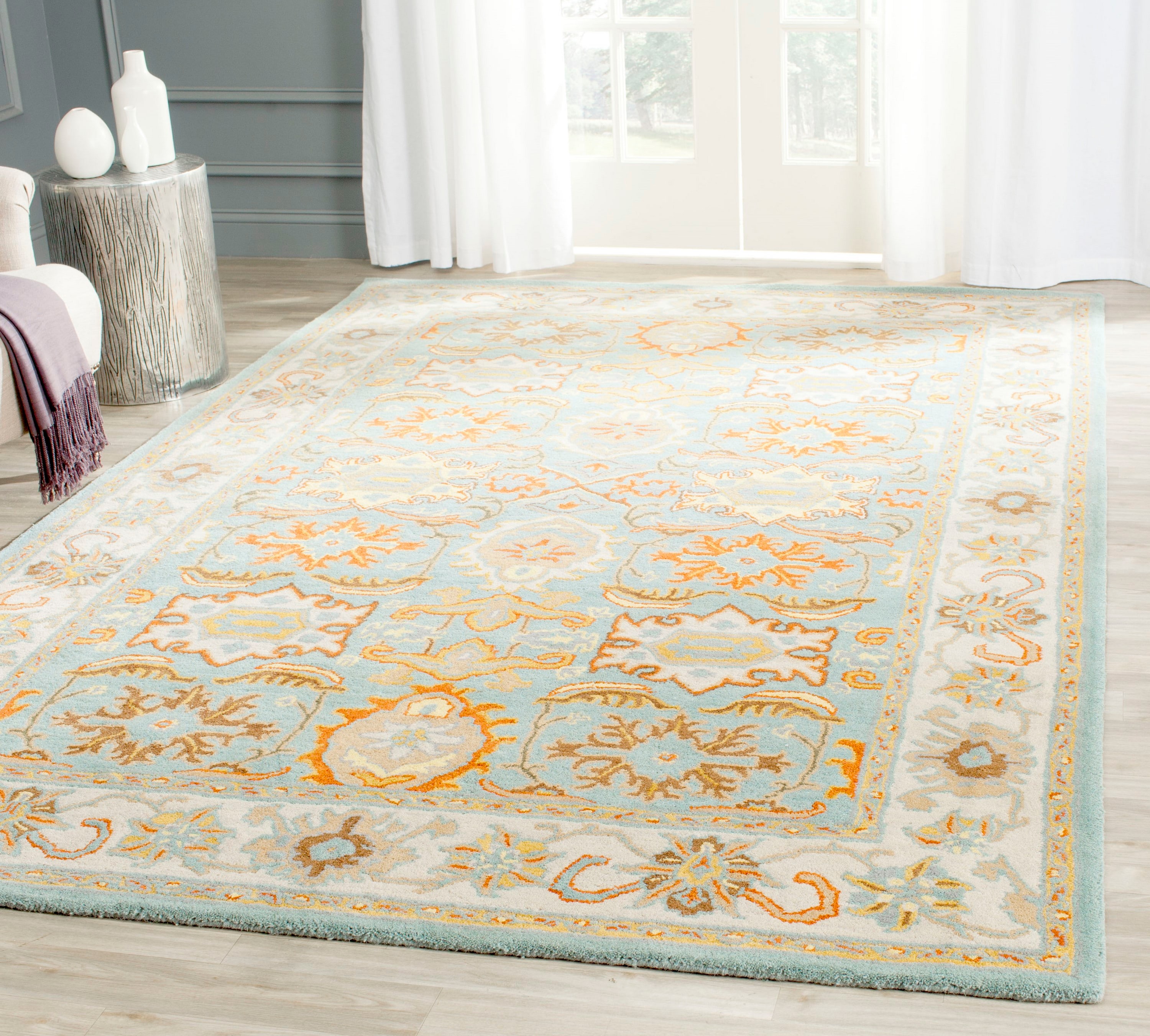 Safavieh HG734A-4SQ Heritage Peshwar 4 x 4 (ft) Tufted Wool Light Blue/Ivory Square Indoor Floral/Botanical Oriental Area rug
