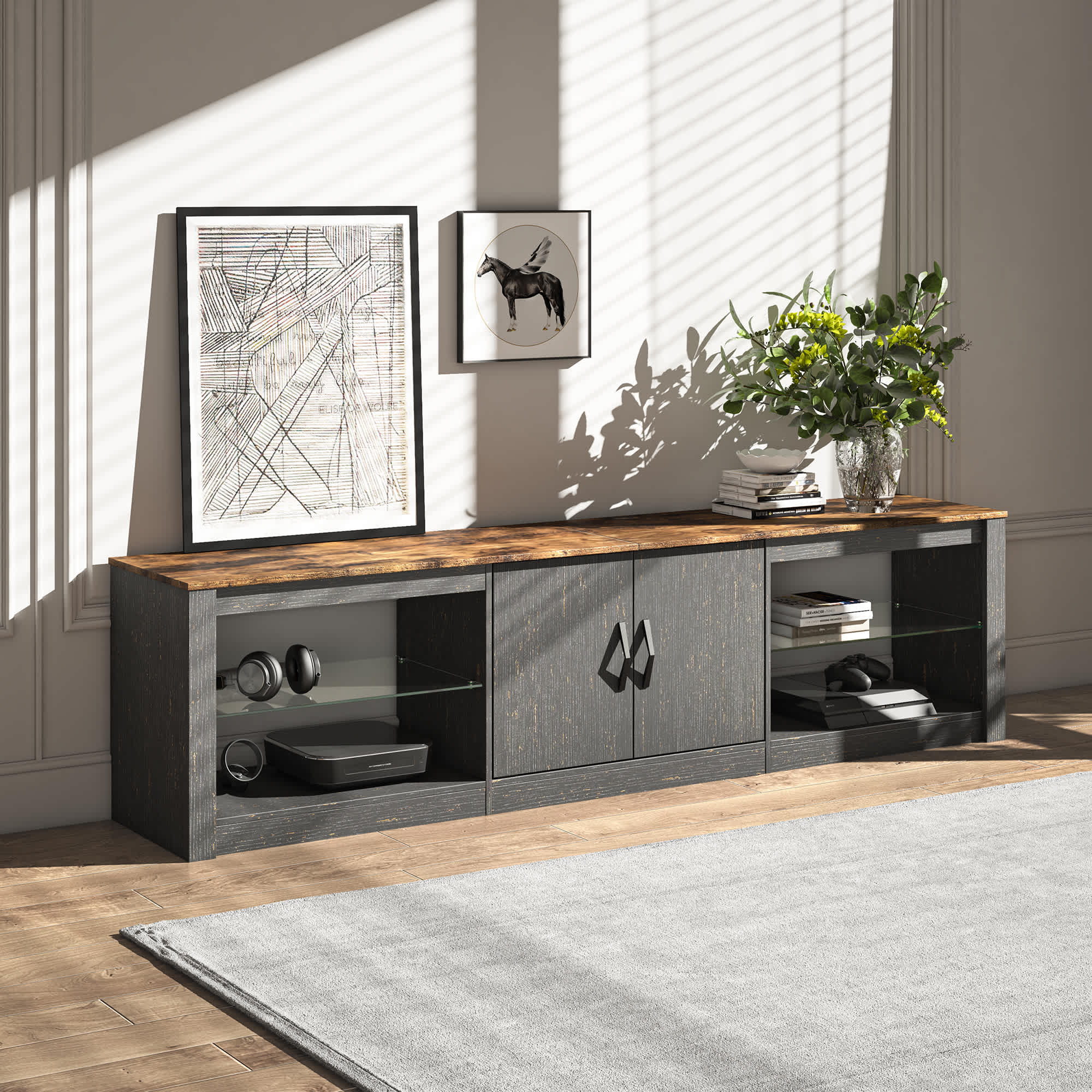 Bestier 70.9-in W Black TV Stand with Adjustable Glass Shelves and Storage Cabinet and LED Lighting #LOW-T108I-BLK