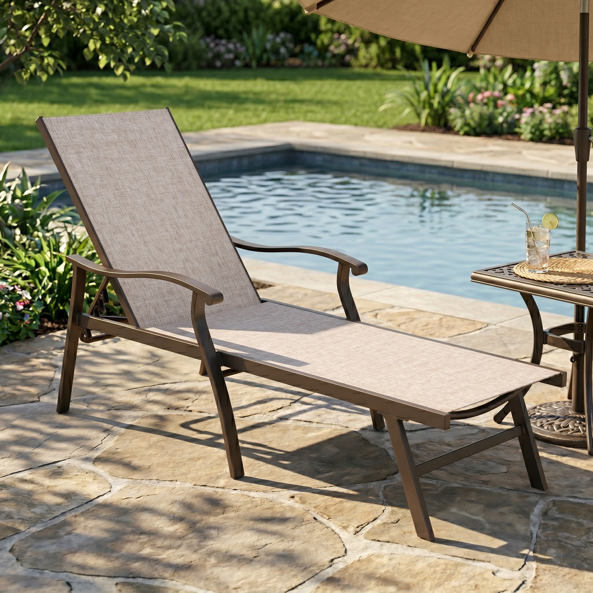Crestlive Products - Brown Aluminum Frame Stationary Chaise Lounge Chair with Beige Textilene Sli...