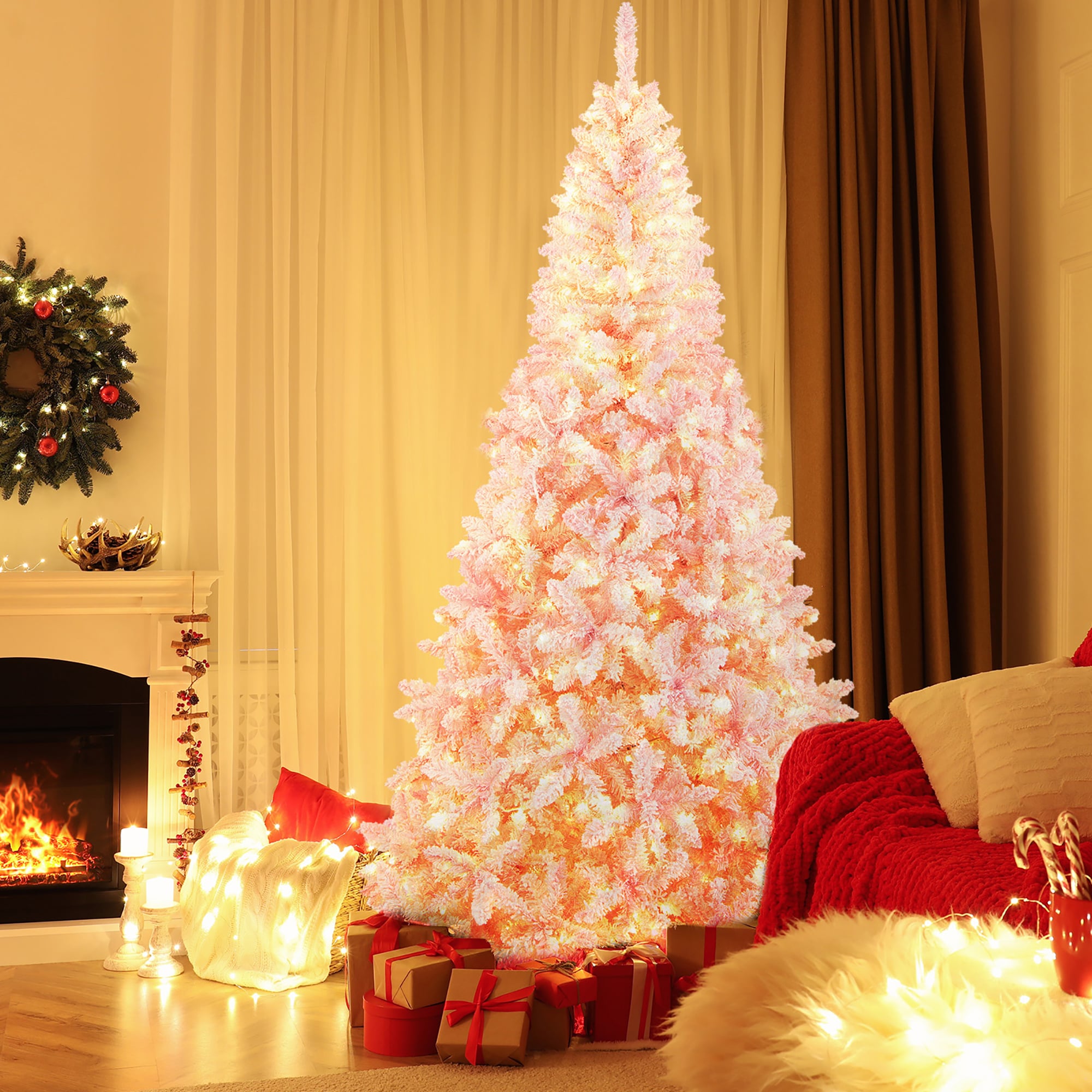 Goplus 7.5-ft Pre-lit Flocked Pink Artificial Christmas Tree with LED ...