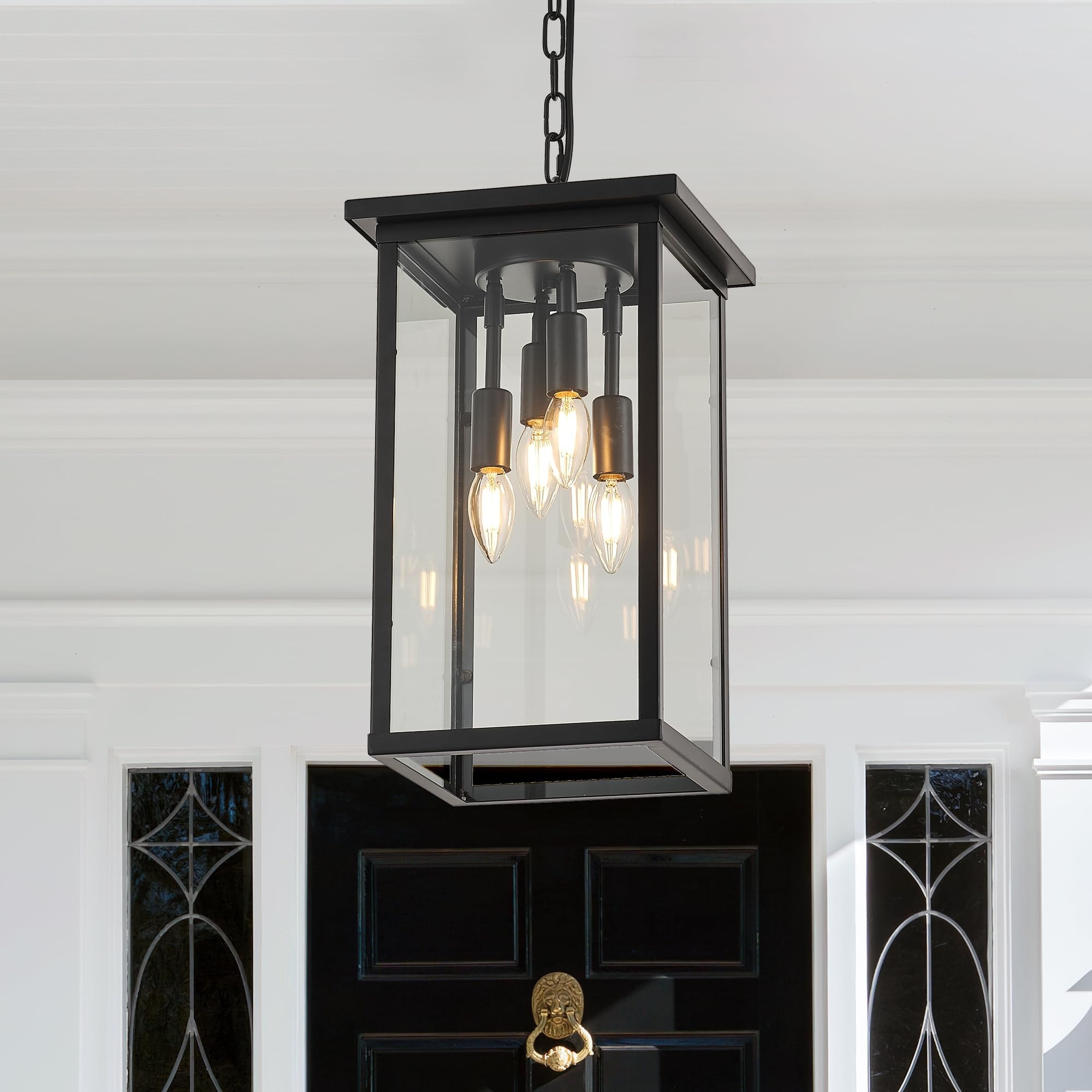AOIZGMY  10 Inch Modern 4 Light Black Square Lantern Pendant Light Fixture with Clear Glass Adjustable Chain for Outdoor Porch Kitchen Island