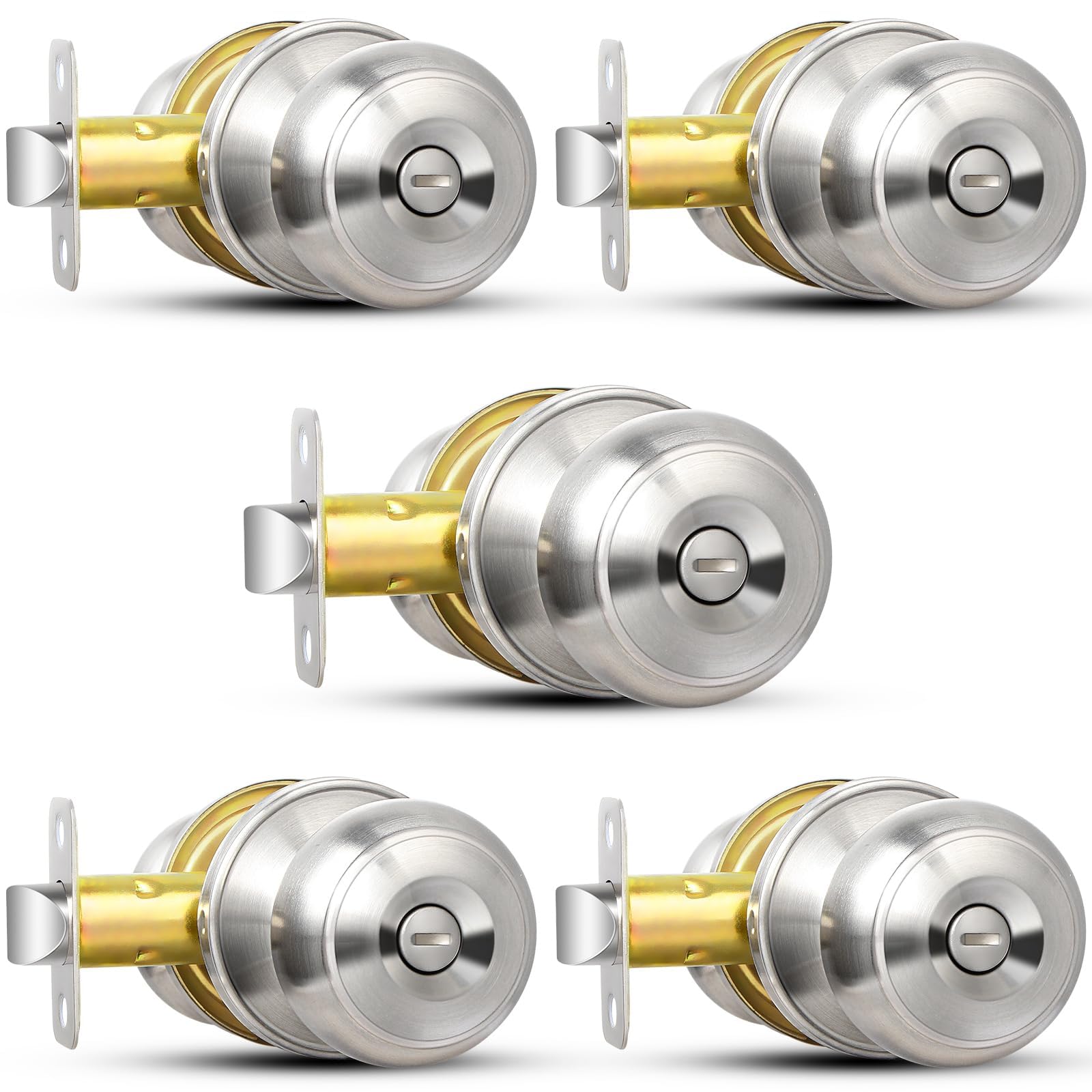 Linder Group Inc Privacy door knob pack of 5 brushed nickel round keyless locking interior exterior lockset for bedroom bathroom adjustable latch fits doors 1 38