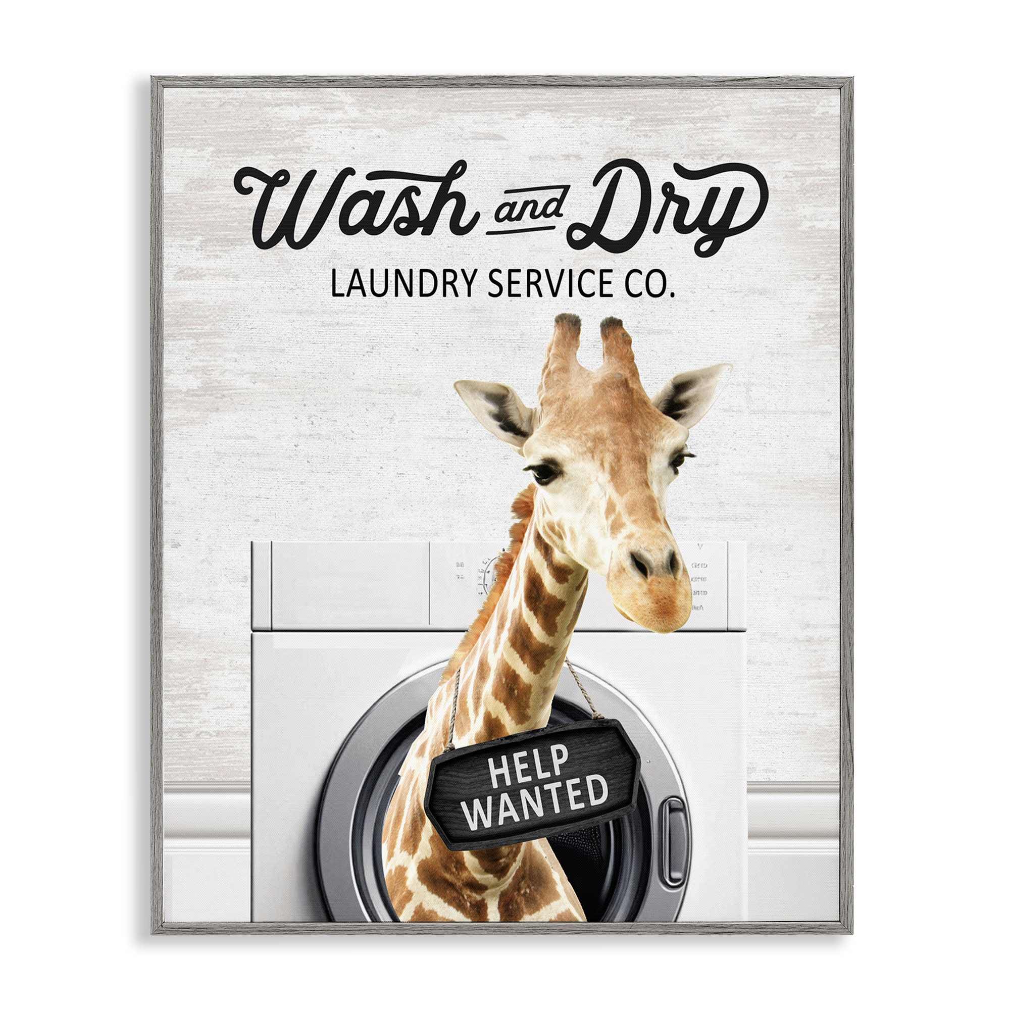 Stupell Industries BS-908-GFF-24X30 Wash and Dry Laundry Giraffe Gray Framed Giclee Art By Lettered and Lined 24 x 30