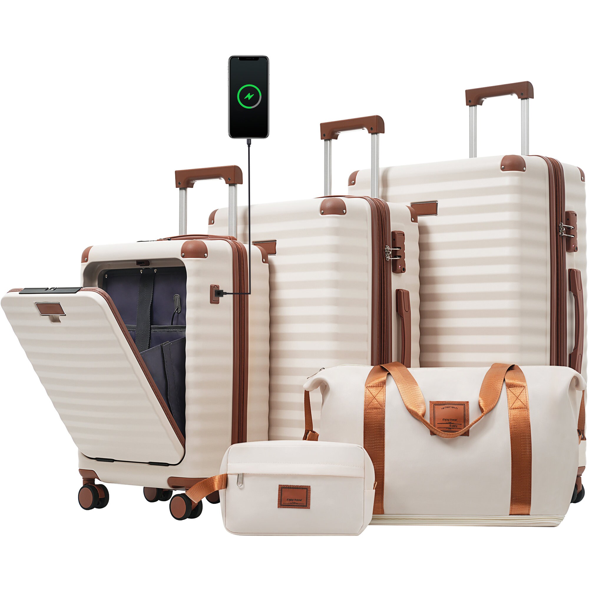 Misopily 5 Piece Luggage Set 20in 24in 28in Hardside Expandable Spinner Suitcases with TSA Lock USB Port Cup Holder Duffel and Toiletry Bags