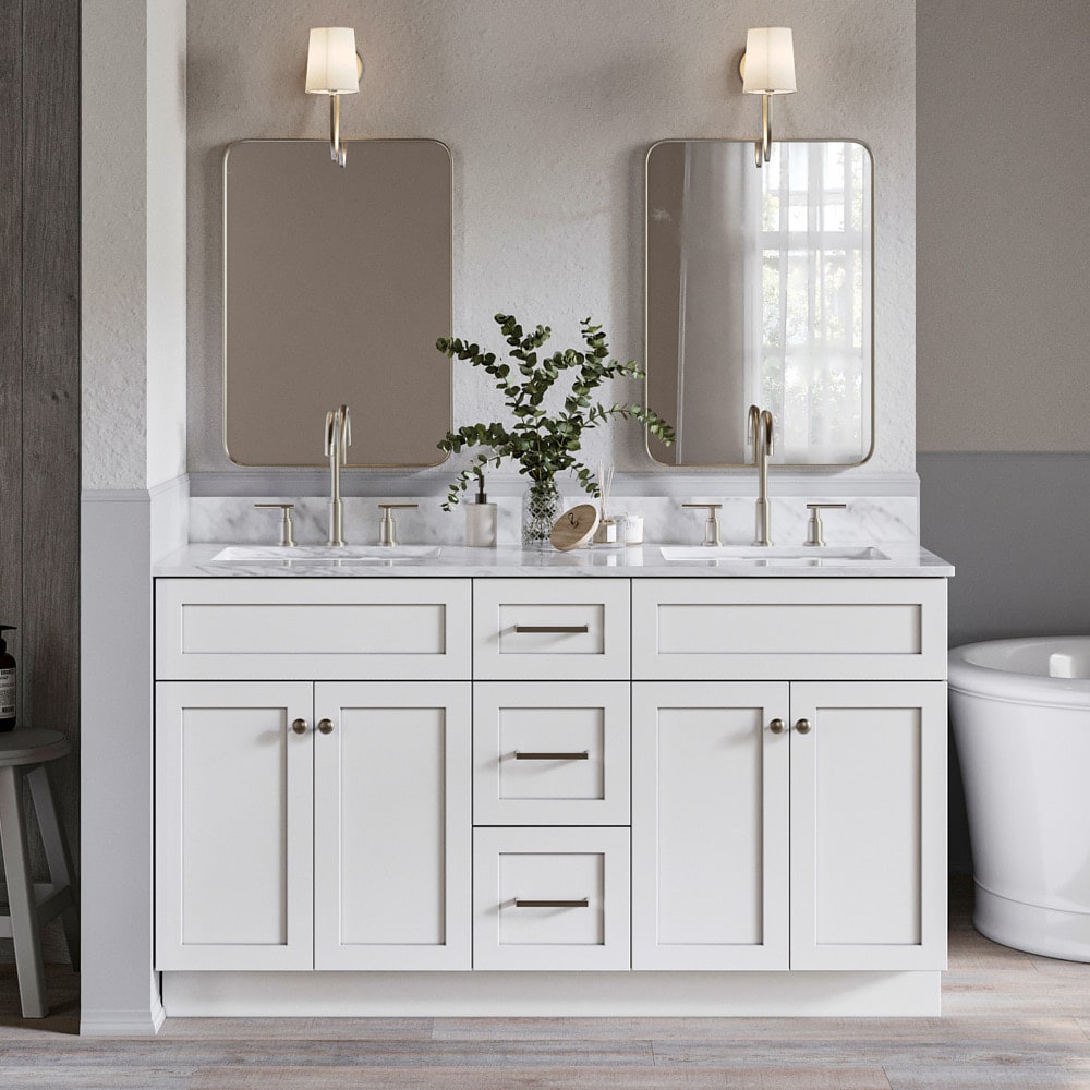 ARIEL F061DCW2RVOWHT Hamlet 61-in White Undermount Double sink Bathroom Vanity with 0.75" Carrara White Marble Natural marble Top
