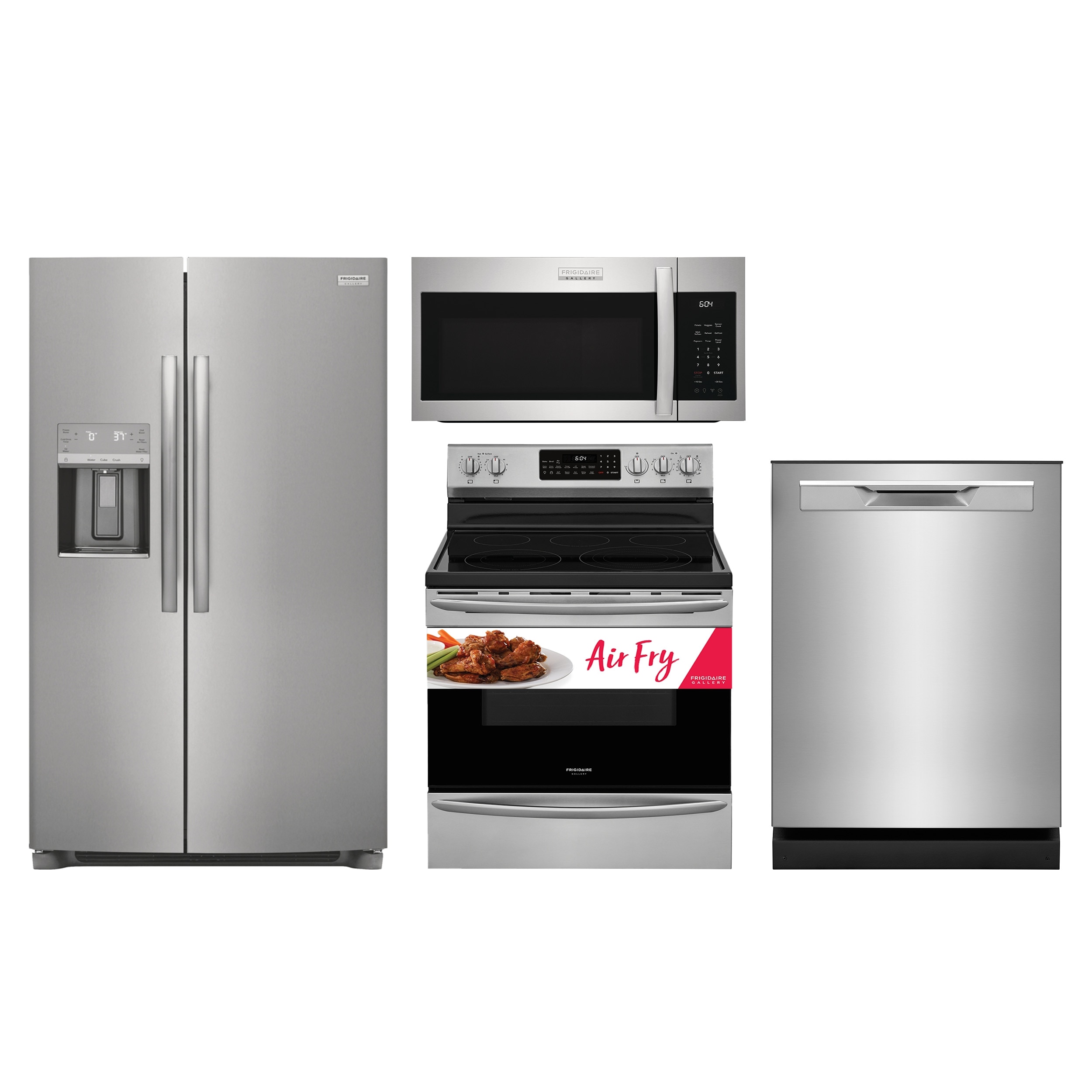 frigidaire 25.6-cu ft side-by-side refrigerator & electric range with  self-clean & air fry 4pc suite in smudge-proof stainless steel