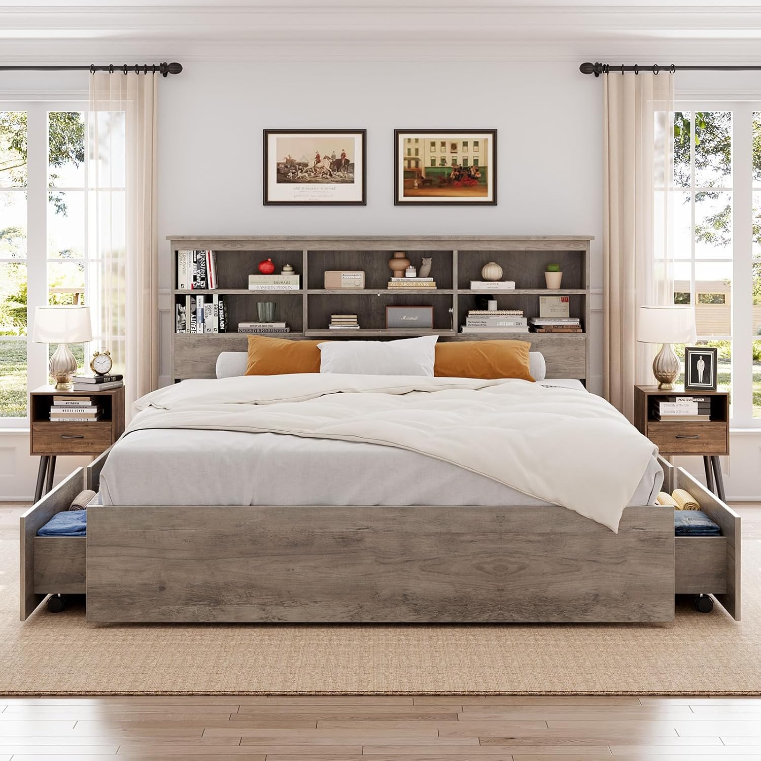 Qeetex LHF-BED-PHO-15IZPDQU Queen Bed Frame with Storage Headboard Wooden Bed Frame with 4 Drawers Storage Bookcase and Queen Size Platform Bed with Strong Metal Support No Box Spring Needed Noise-Free Grey