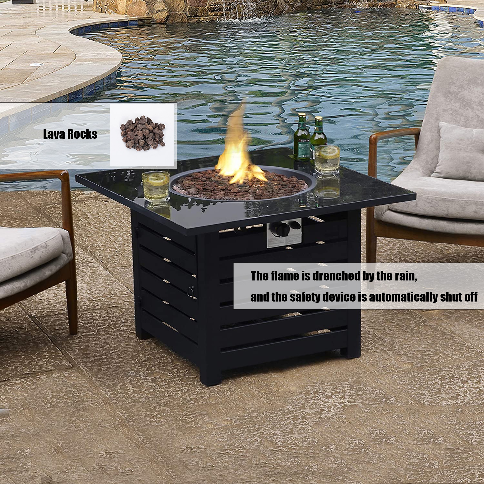 32“ Square 40,000 BTU Auto-Ignition Propane Gas Fire Pit with Waterproof Cover for Courtyard Balcony Garden Terrace Black Ceramic Tabletop Ehomeline Fire Pit Table CSA Certification 