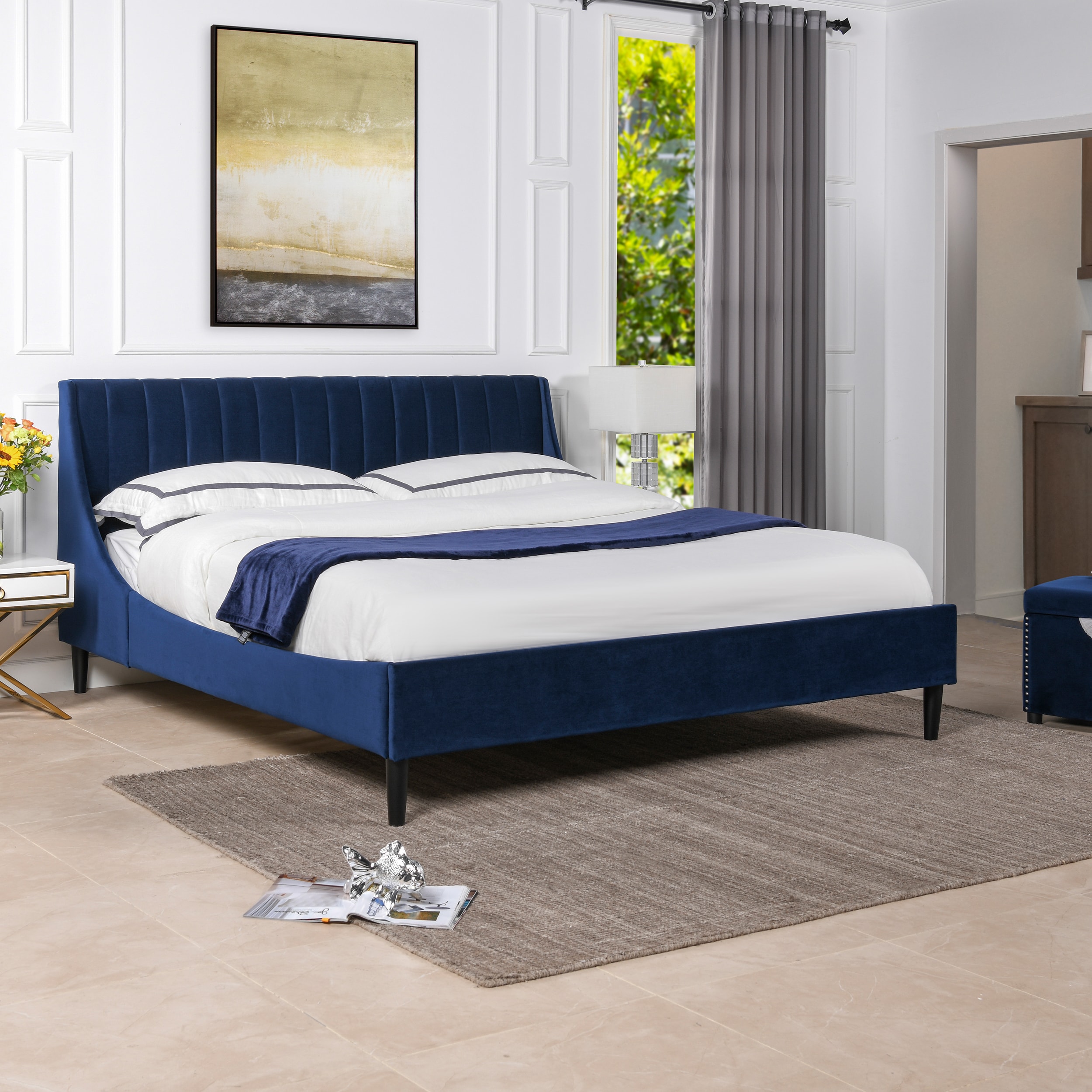 Jennifer Taylor Home Aspen Navy Blue King Upholstered Platform Bed in ...