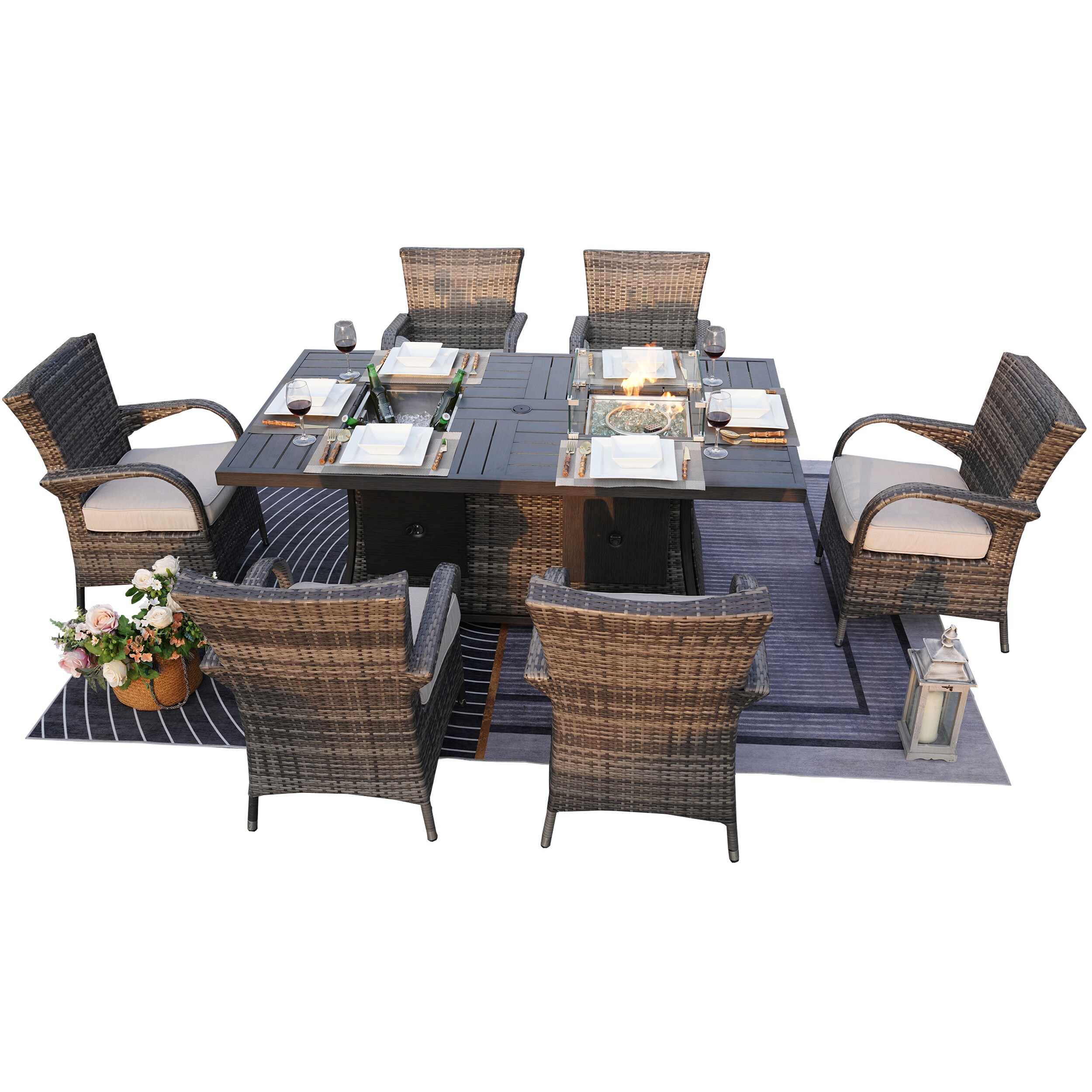 Moda Furnishings 1106FI-1122-G 4824612 7 -Piece Gray Wicker Patio Dining Set Aluminum Rectangle Table with 6 Gray Cushions Stationary Chairs Fire Pit Included