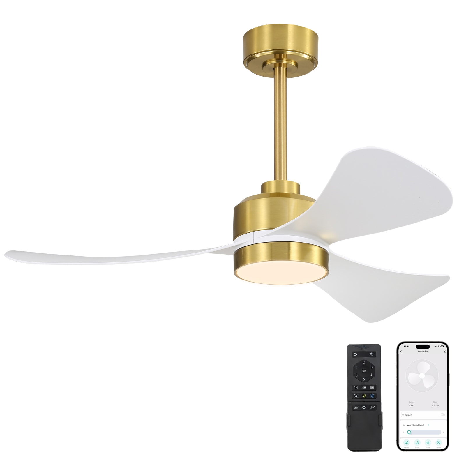 MLIAN WBCF-BS167-GH Boun 42-in Integrated LED WHITE/GOLD with WHITE Blades Ceiling Fan With Light - Remote Included ( 3 -Blade )