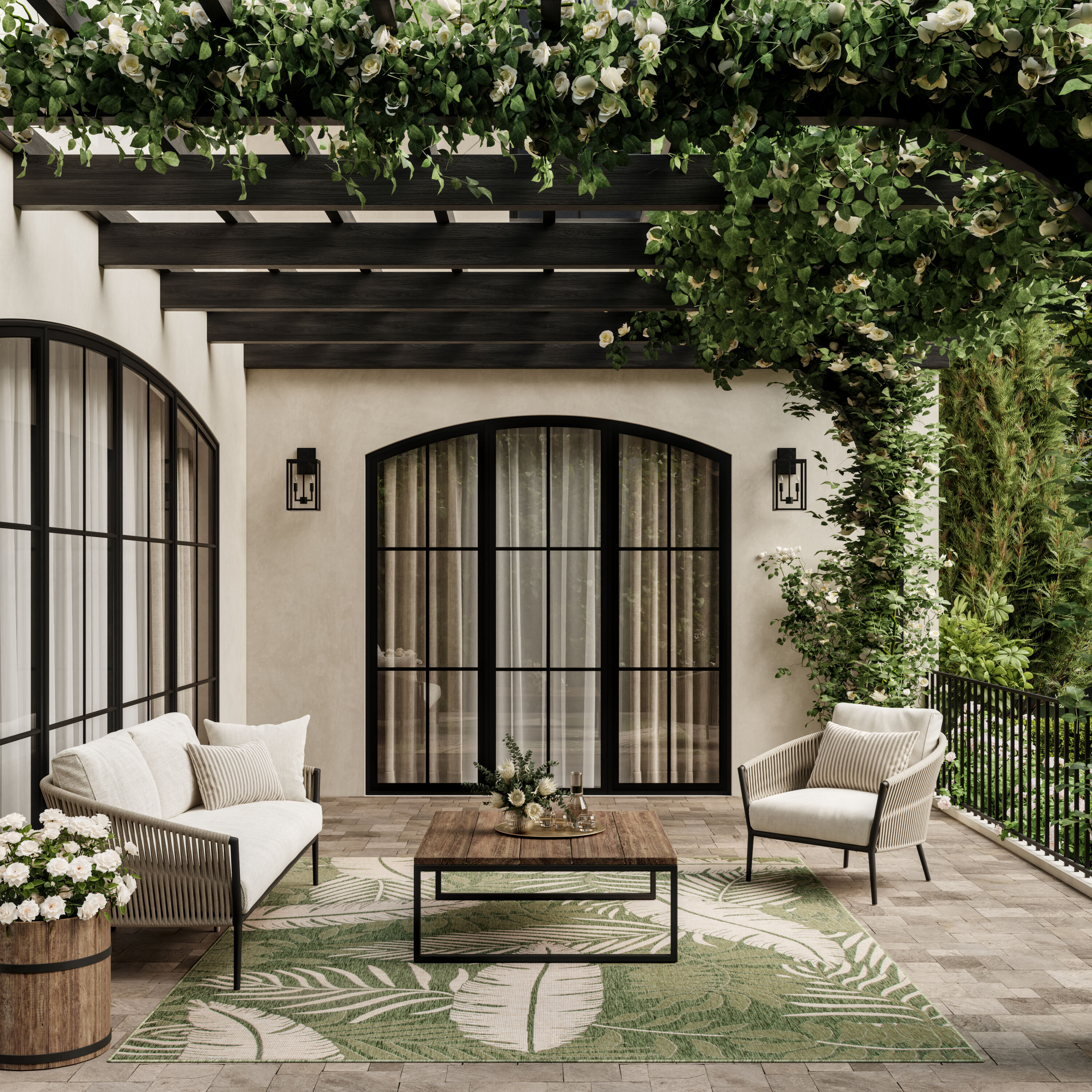 Nourison Home 099446943606 Garden Oasis 8 x 10 (ft) Loomed Polypropylene Green Ivory Rectangular Indoor/Outdoor Floral/Botanical Tropical Area rug