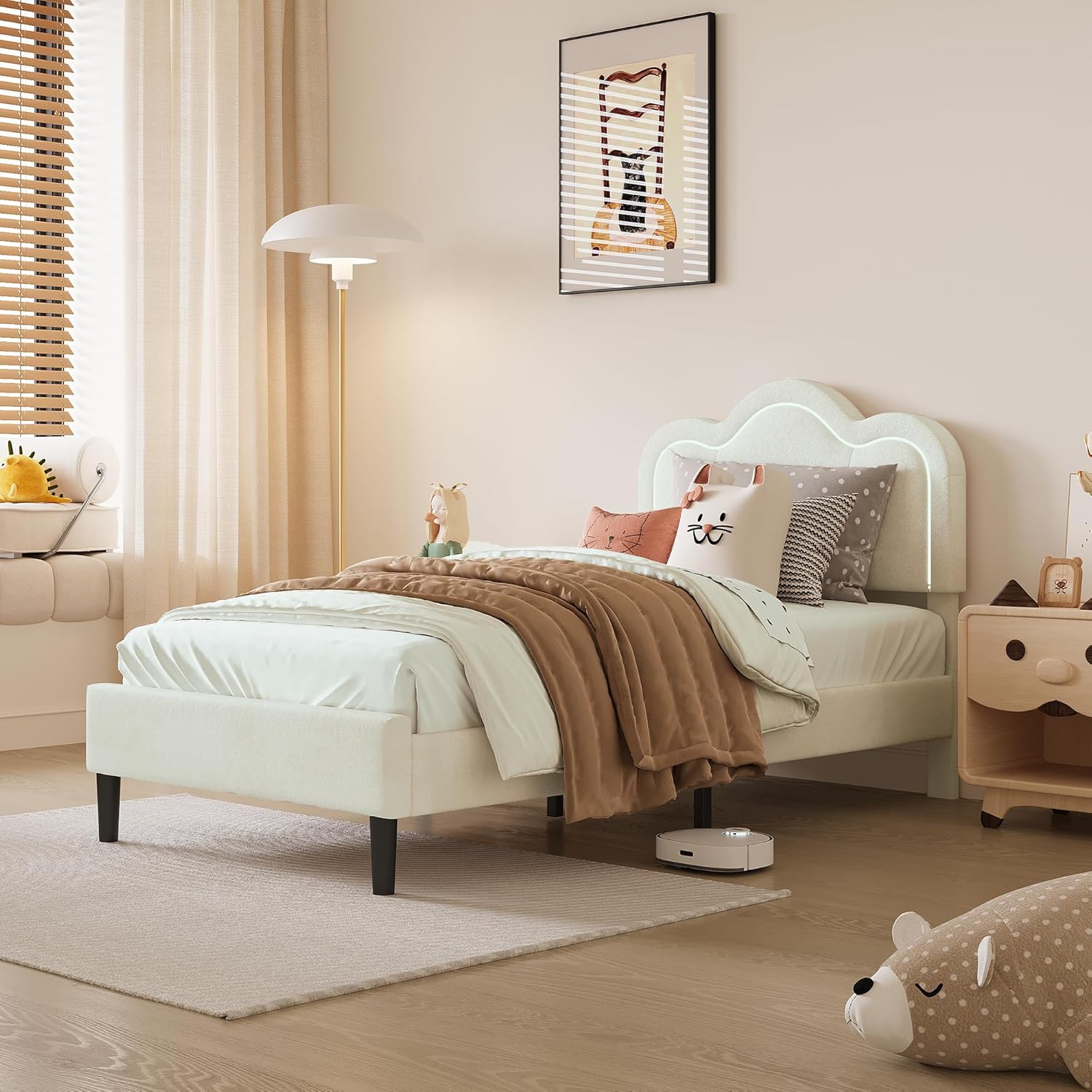 Der Rose DYQ-PHO-15JKG7FU Twin Upholstered Bed Frame with Smart LED and Adjustable Bear Headboard  Velvet Princess Platform Bed Wooden Slats Support Kids Bed  No Box Spring (Beige)