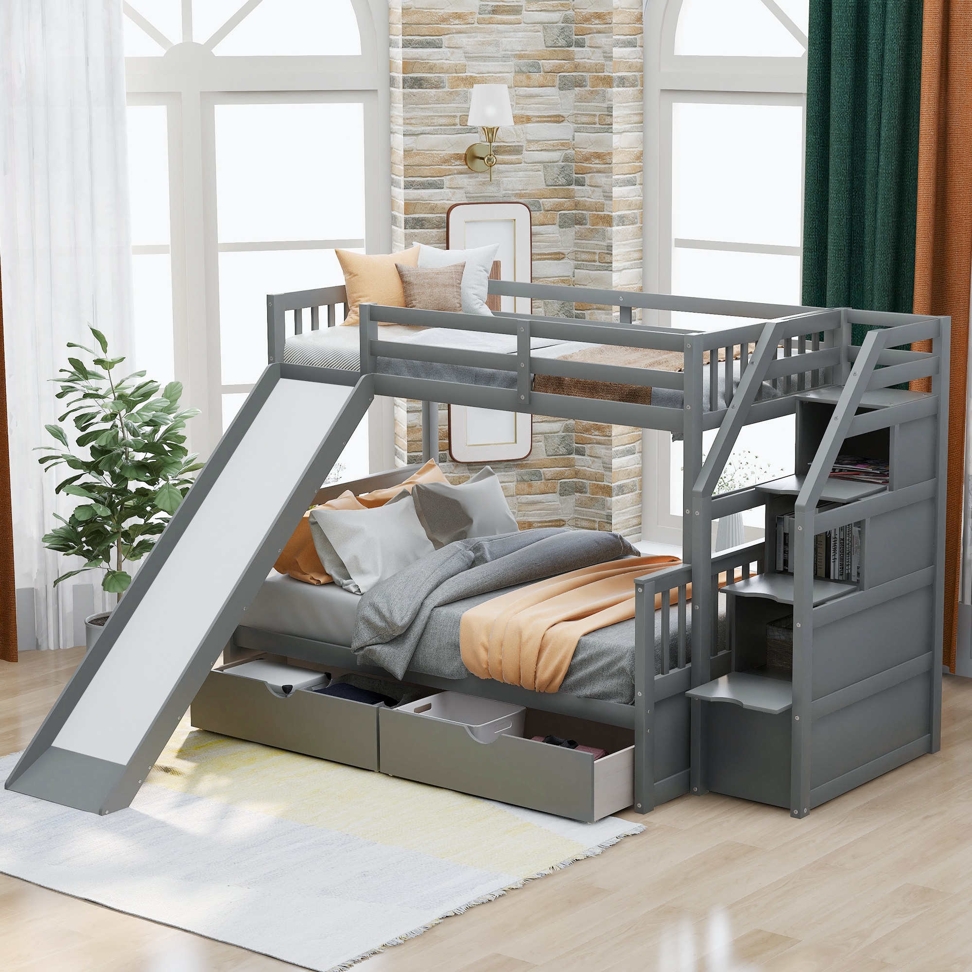 ModernLuxe SM000109AAE-1 Twin over Full Bunk Bed with DrawersStorage and Slide Multifunction Gray