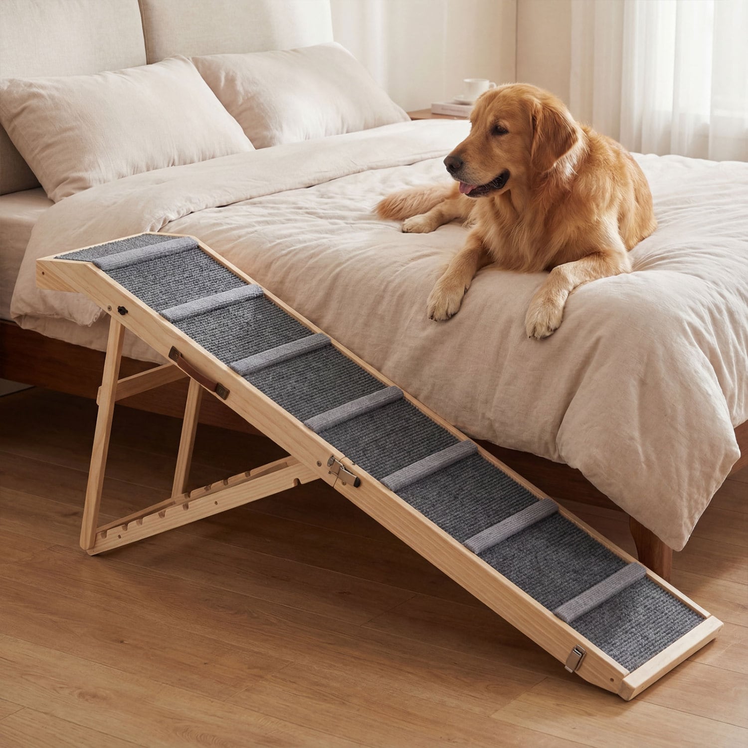 SUGIFT - Foldable Dog Ramp with 6 Height Settings 24.5-in to 30-in Non-Slip Carpet and 145-lb Cap...