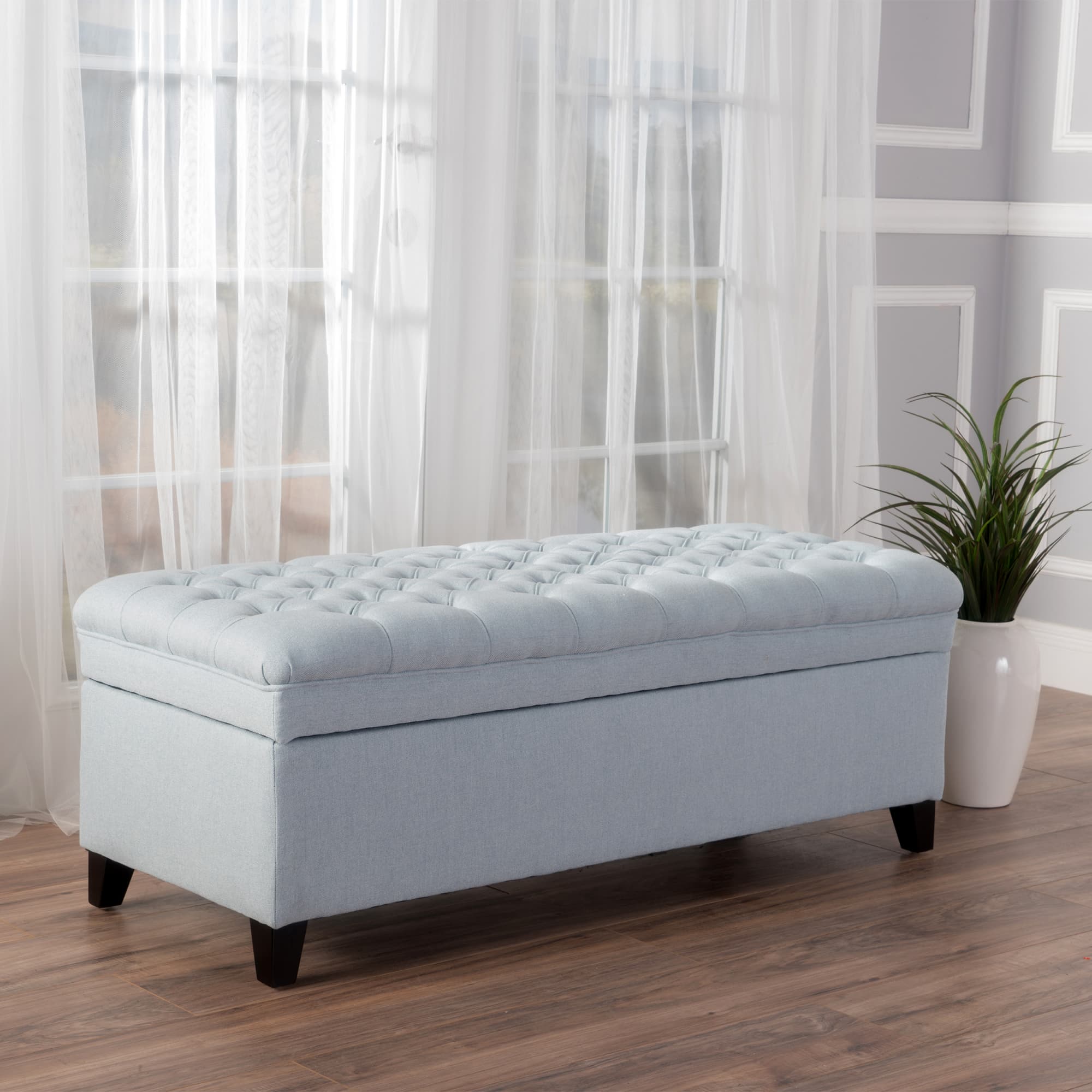 Maison Boucle SOLEN-BENCH-LTBLUE 50 Inch Light Blue Button Tufted Storage Ottoman with Soft Close Lid for Bedroom Living Room