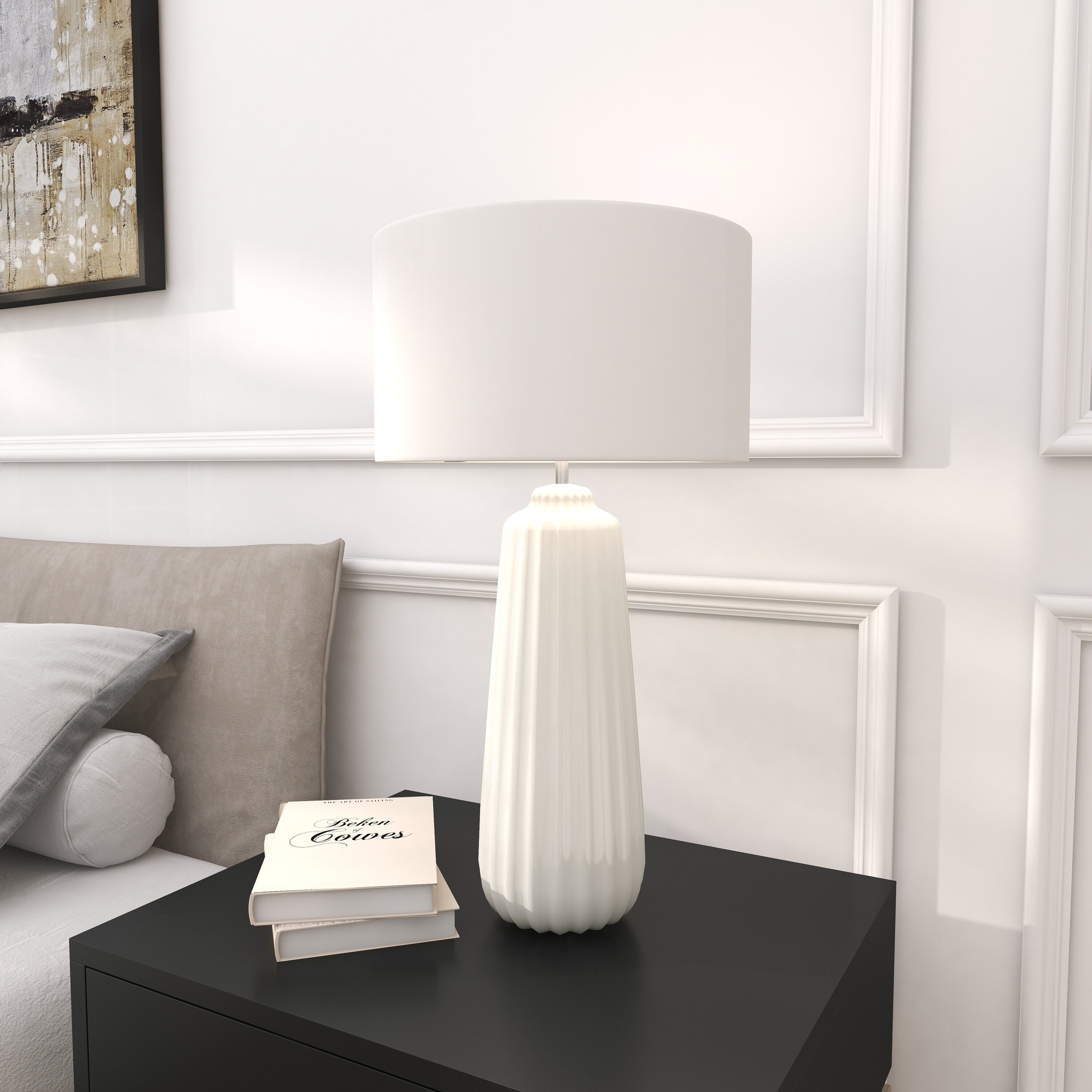 Grayson Lane 60786 24-in White Ribbed LED On/Off switch Table Lamp with Fabric Shade