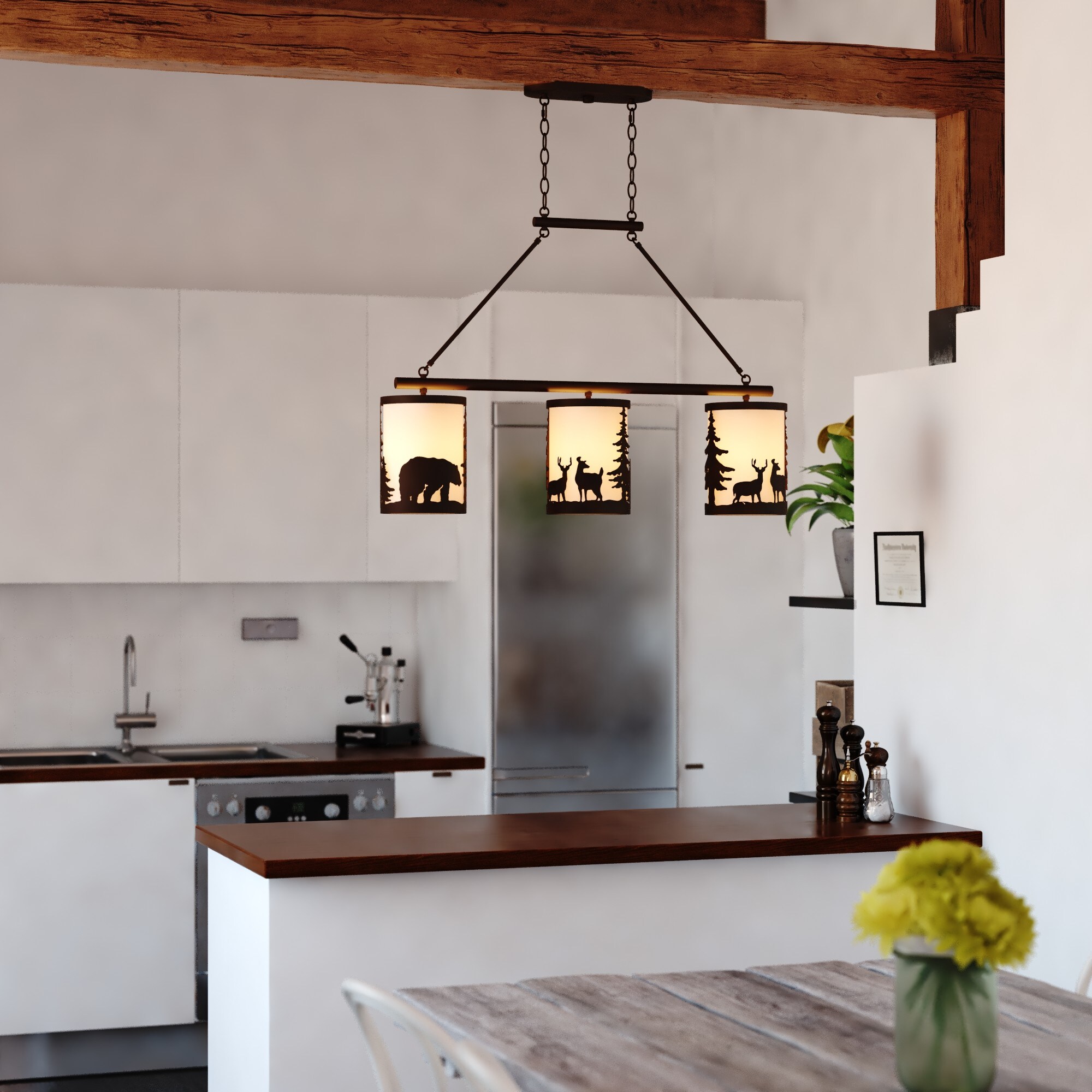 Acadia Bronze 3-Light Rustic Linear Chandelier with Linen Shades