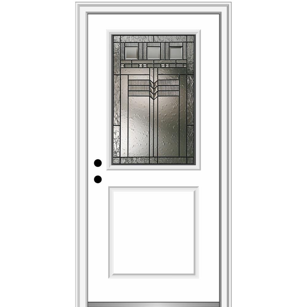 MMI DOOR ZZ3664381R 36-in x 80-in x 6-9/16-in Fiberglass Half lite Right-hand inswing Brilliant White Painted Prehung Front Door with Brickmould Insulating core