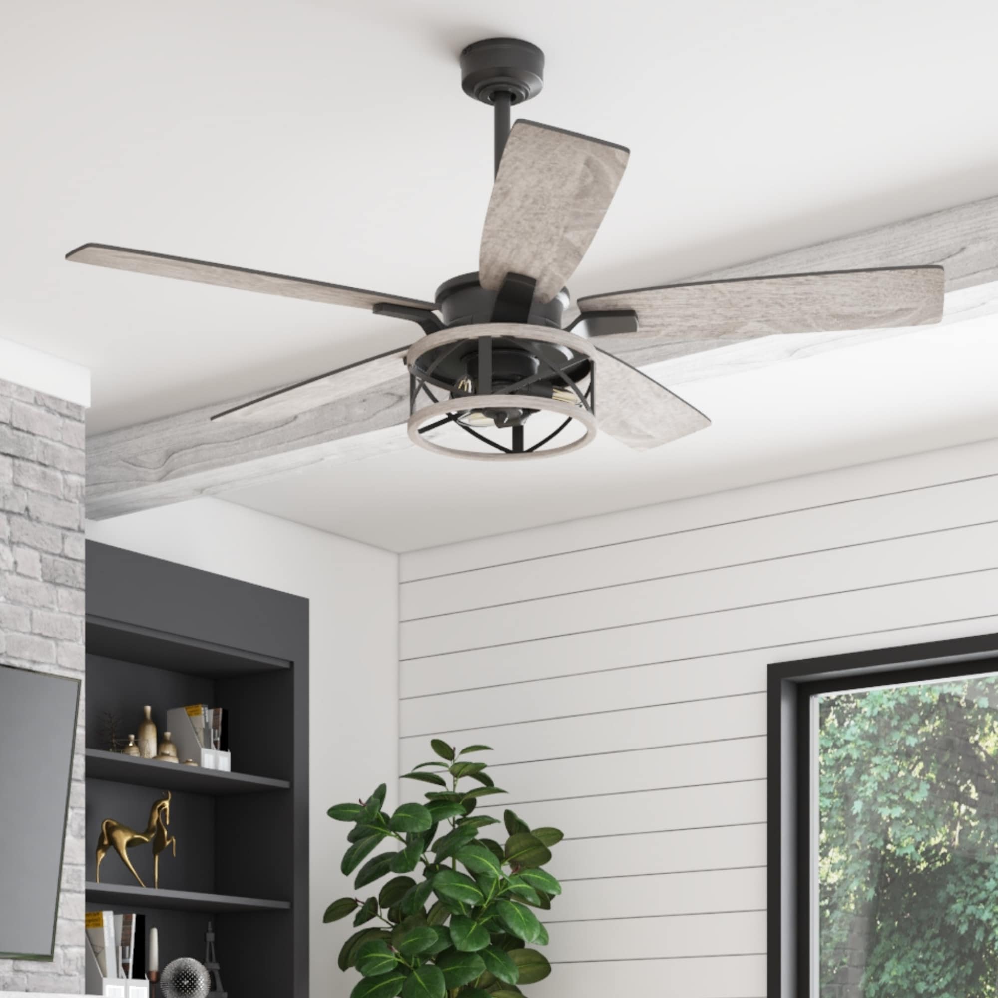 Harbor Breeze 43001 Avery 52-in Matte Black with Gray Oak/Northern Ebony Blades Ceiling Fan With Light - Remote Included ( 5 -Blade )