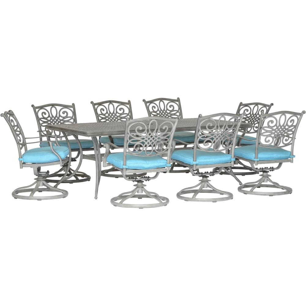 Hanover TRADDNG9PCSW8-BLU Traditions 9-Piece Bronze Patio Dining Set with Blue Cushions
