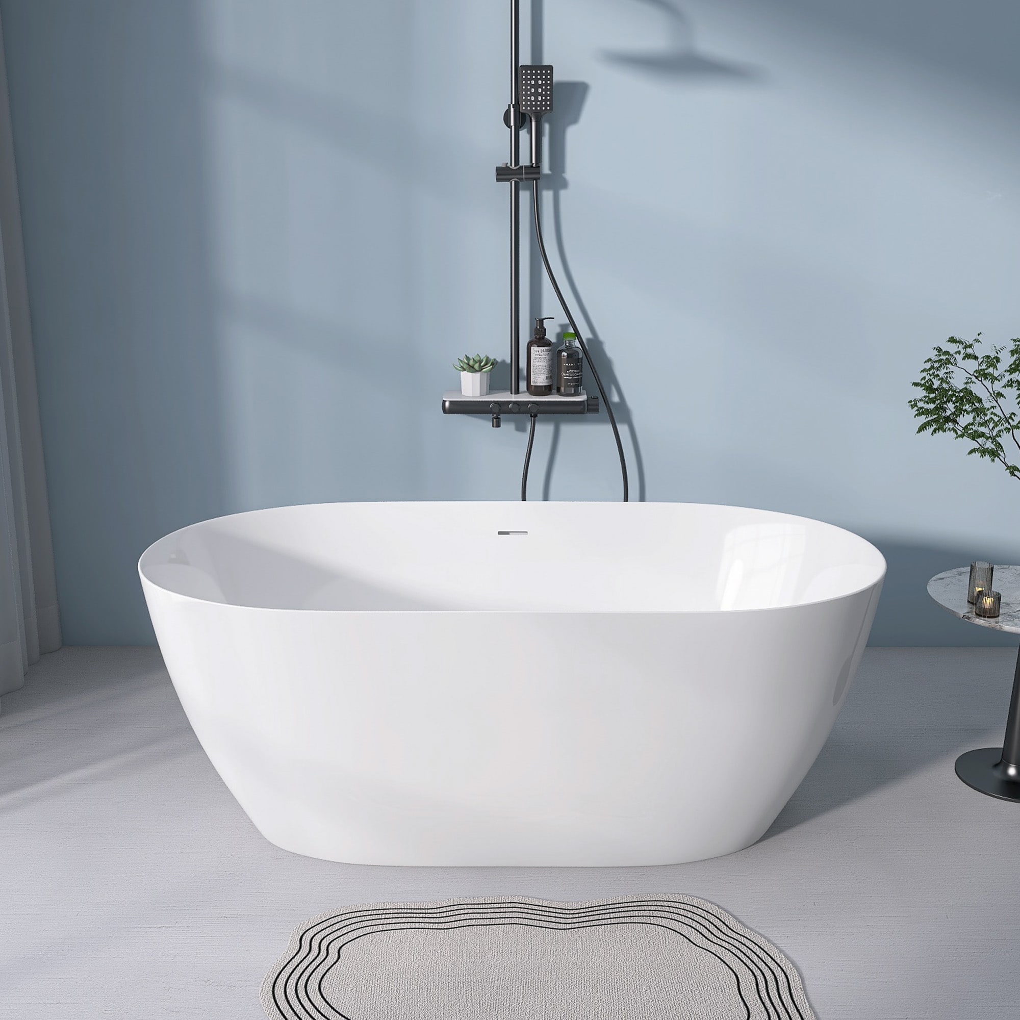WELLFOR GTLSTWH08 59-in x 29.9-in Glossy White Acrylic Oval Freestanding Soaking Bathtub with Drain ( Center Drain )