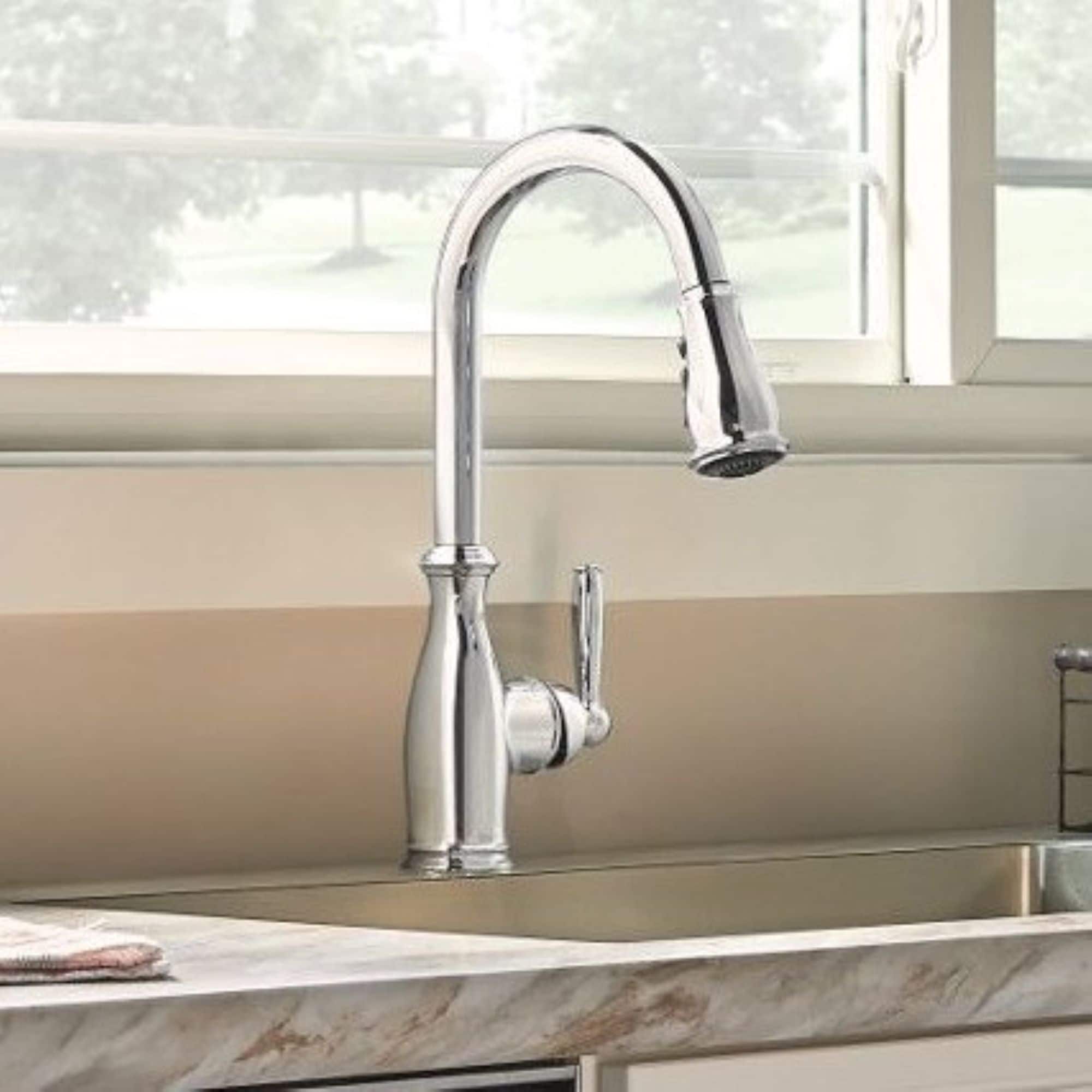 Moen 7185C Brantford Chrome Single Handle Deck-mount Pull-down Kitchen Faucet with Sprayer ( Deck Plate Included )