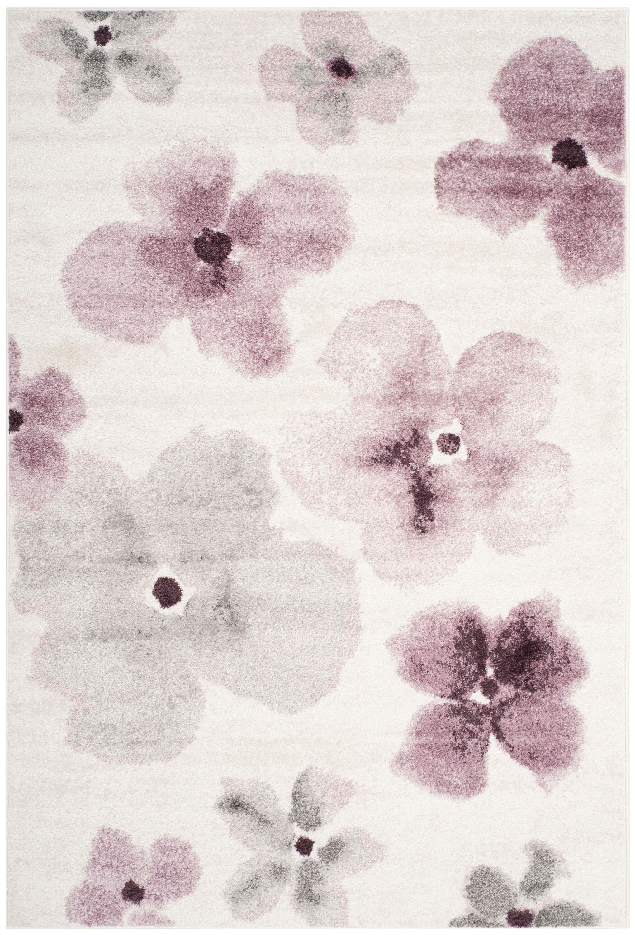 Ivory and Purple Floral Synthetic 5' x 7' Area Rug