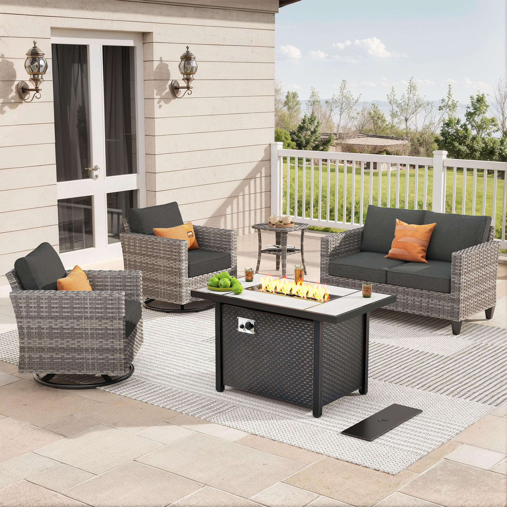 Pouuin STFP-YZGRS105 5 -Piece Wicker Patio Conversation Set with Black Cushions
