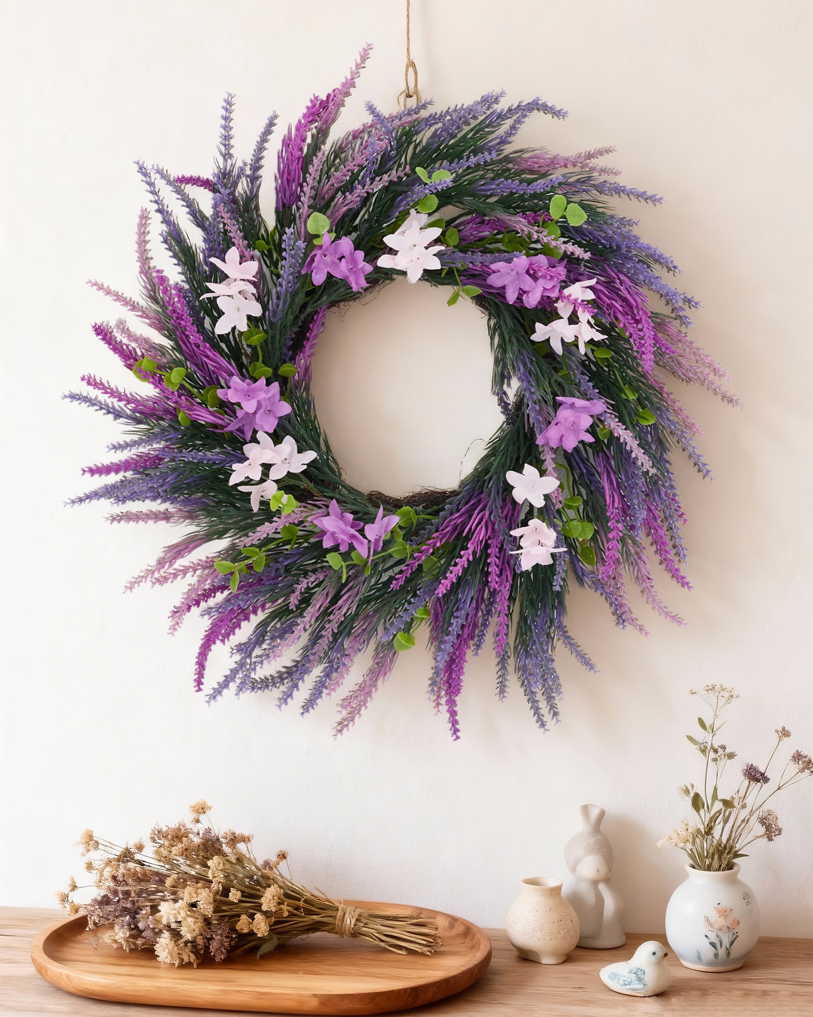IdealHouse 20 Inch Artificial Purple Lavender Wreath/ Wildflower Floral Door Wreath for Spring Porch Home Accent and Festival Wedding Decoration