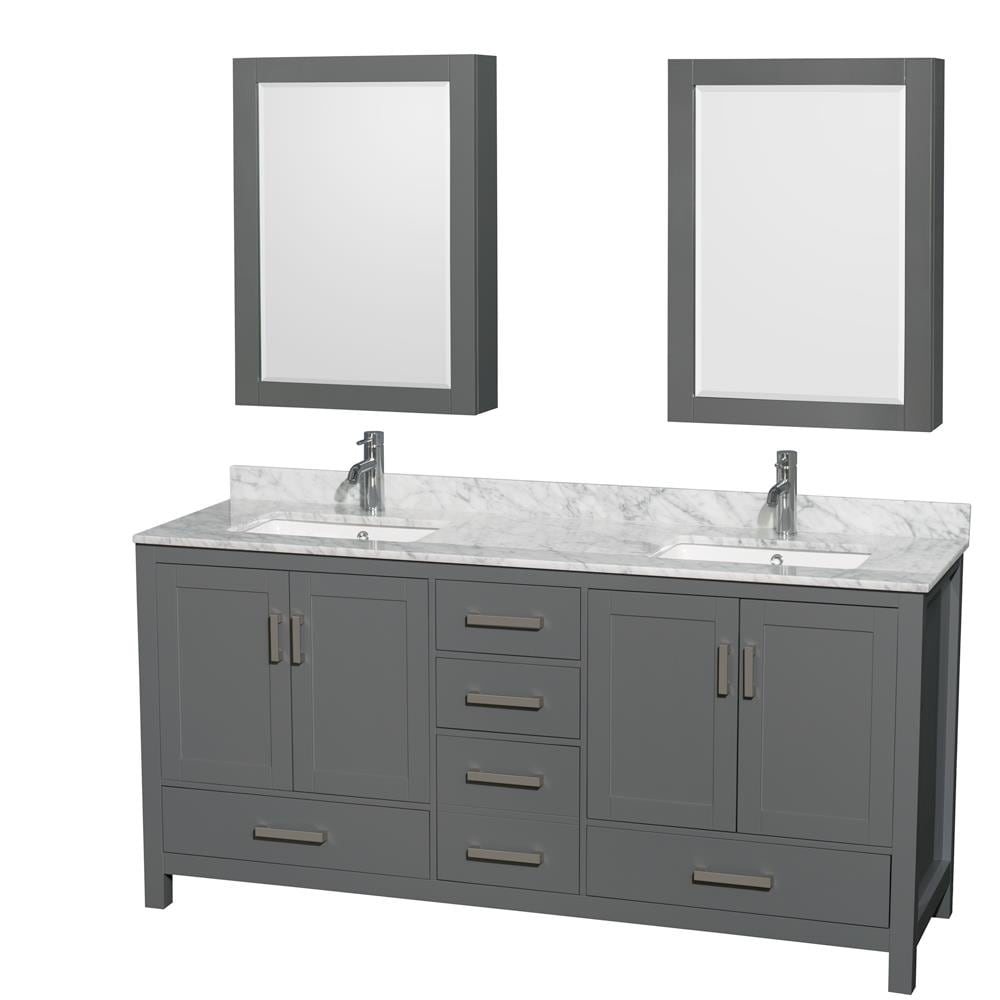 Wyndham Collection WCS141472DKGCMUNSMED Sheffield 72-in Dark Gray with Brushed Chrome Trim Undermount Double sink Bathroom Vanity with White Carrara Marble Natural marble Top (Mirror Included)