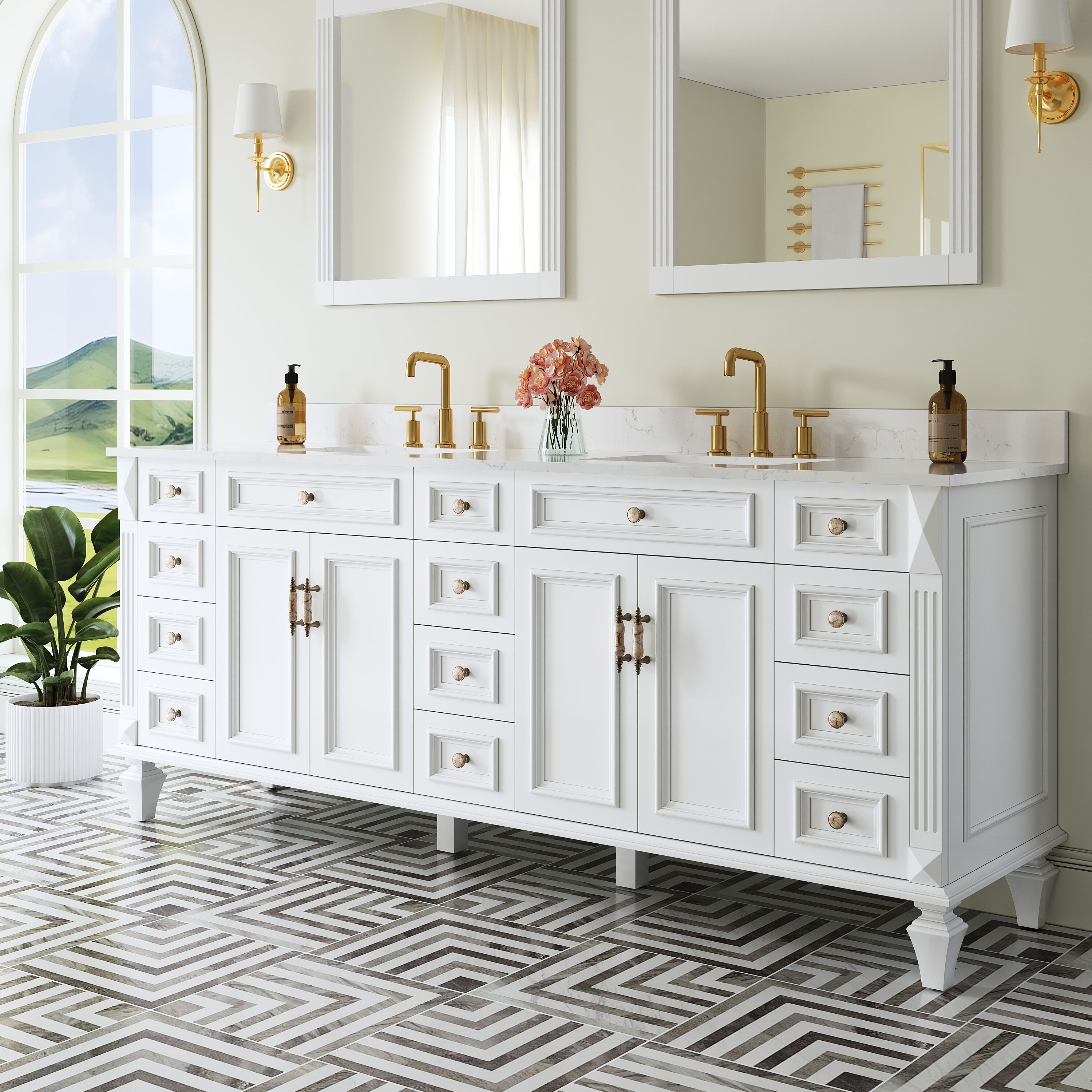 CALVON Assembled Solid Wood Bathroom Vanity 84-in White Undermount Double Sink Bathroom Vanity with White Quartz Top (Fully Assembled)
