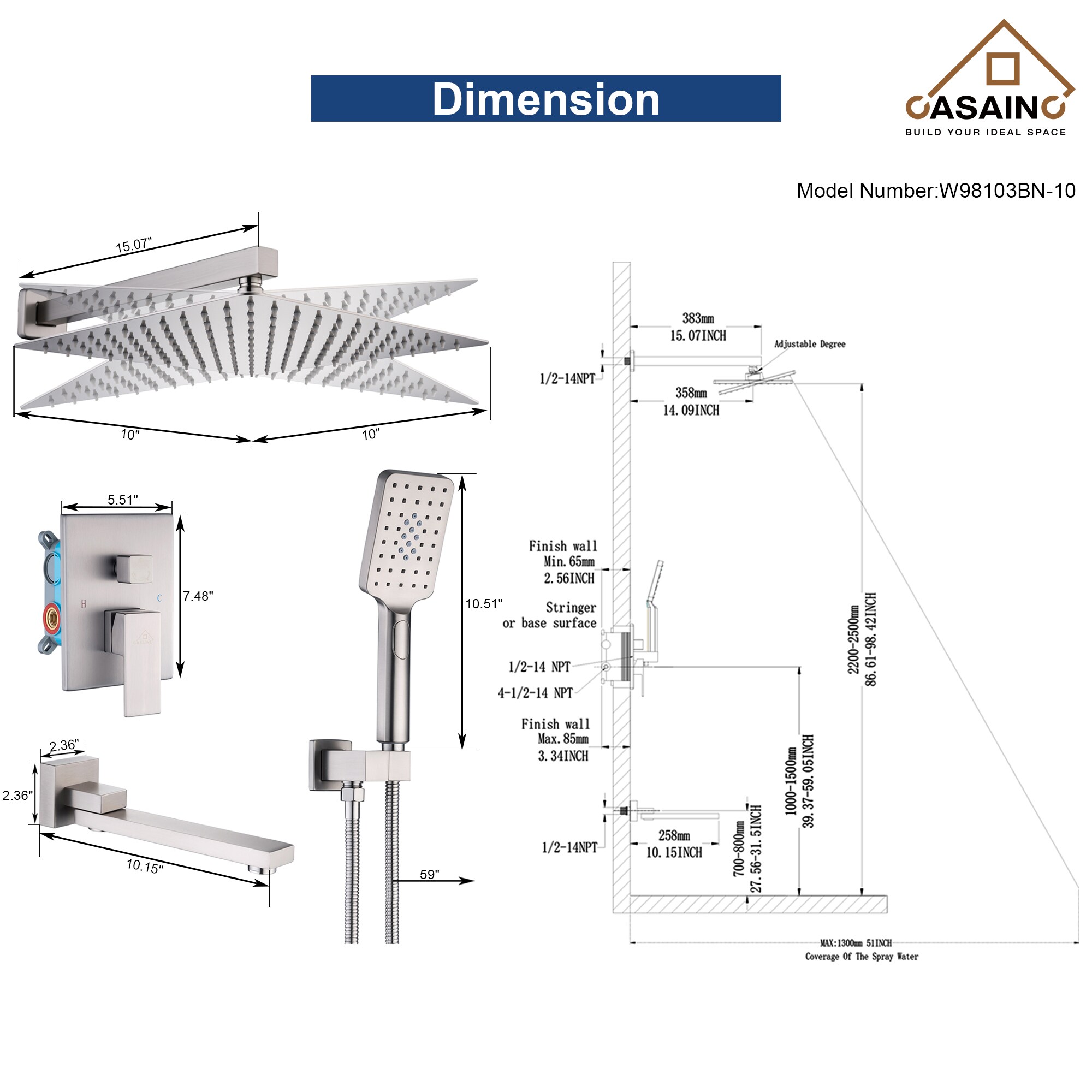 CASAINC WF-W98103BN Showerhead-Bar-Panels - View #2