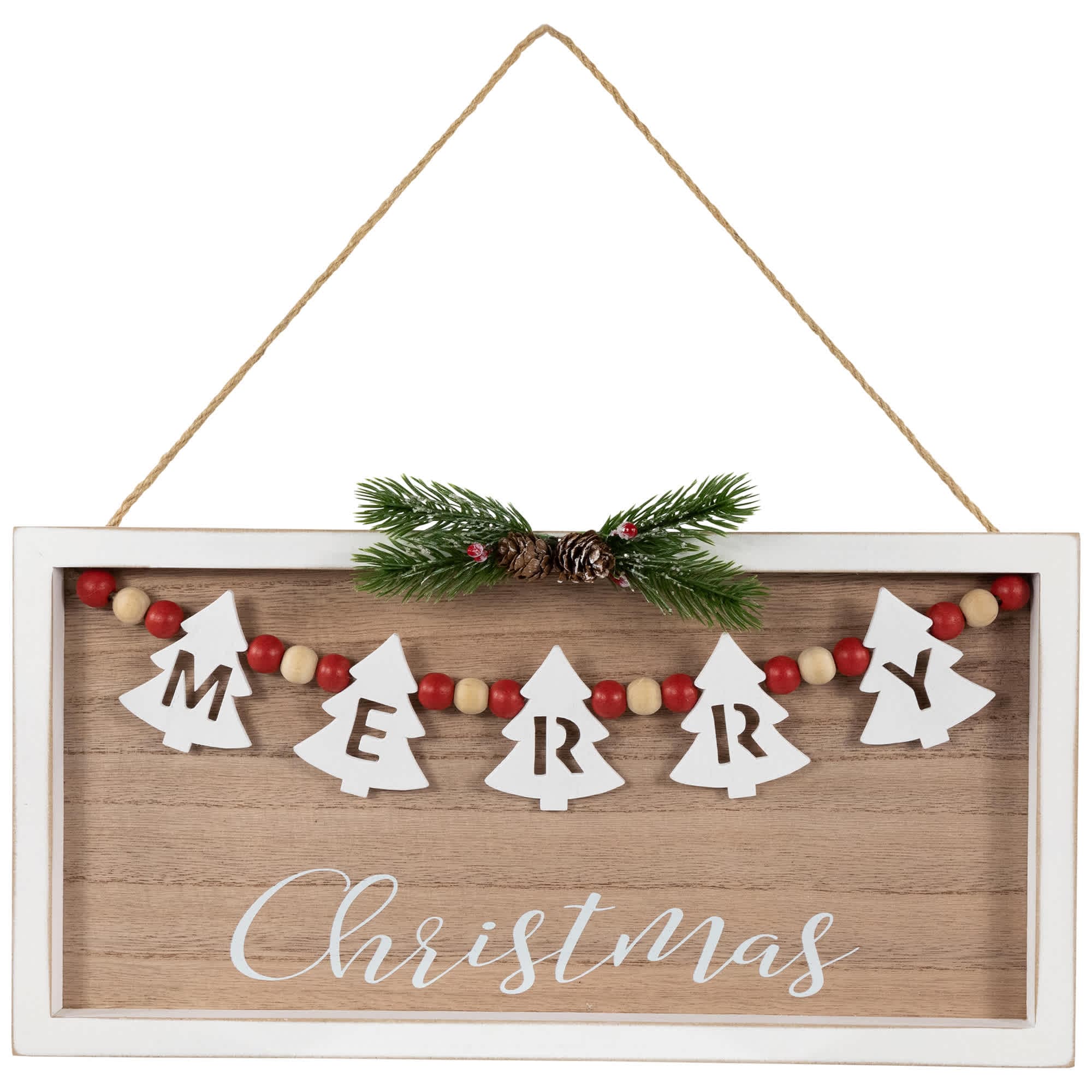 Northlight 15.75 inch Framed Rustic Merry Christmas Beaded Wooden Wall Sign
