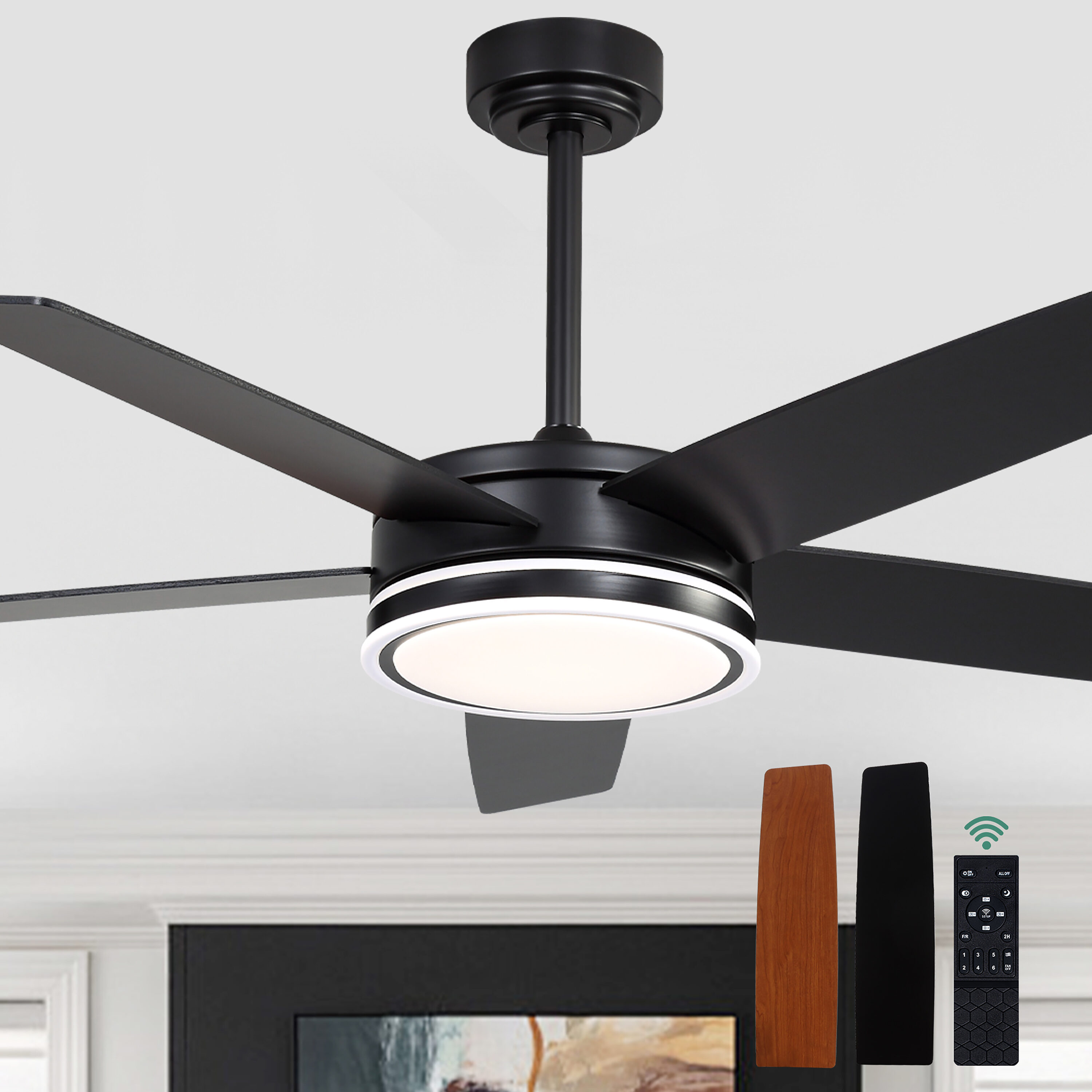 Cusp Barn CS52P25B Moridric 52-in Color-Changing Integrated LED Black with Black/Walnut Blades Chandelier Ceiling Fan With Light - Remote Included ( 5 -Blade )