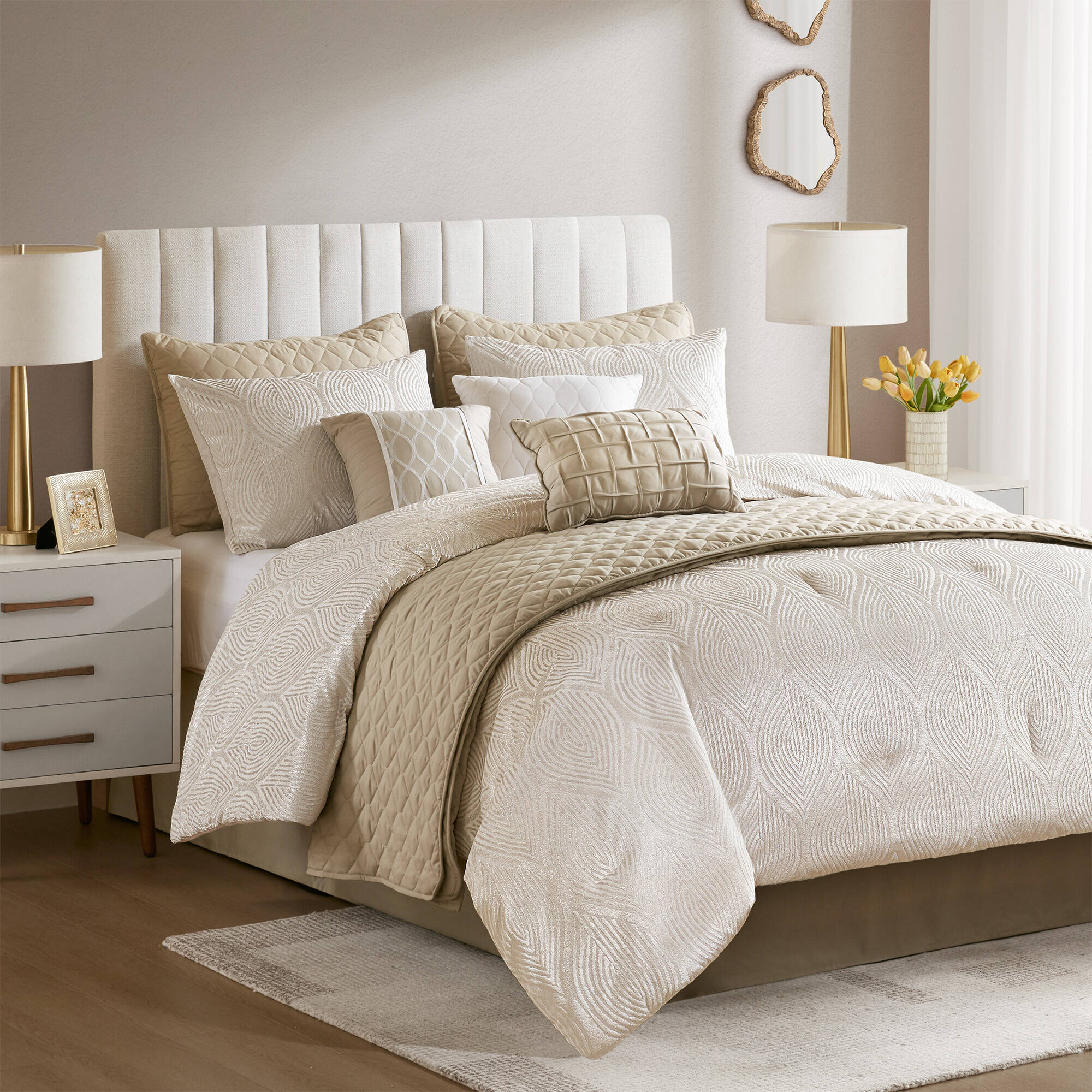 Roomfitters 10Piece Cal King Jacquard Comforter Bedding Set with Quilt Bedskirt Shams and Decorative Pillows Champagne #RF-B035P482942