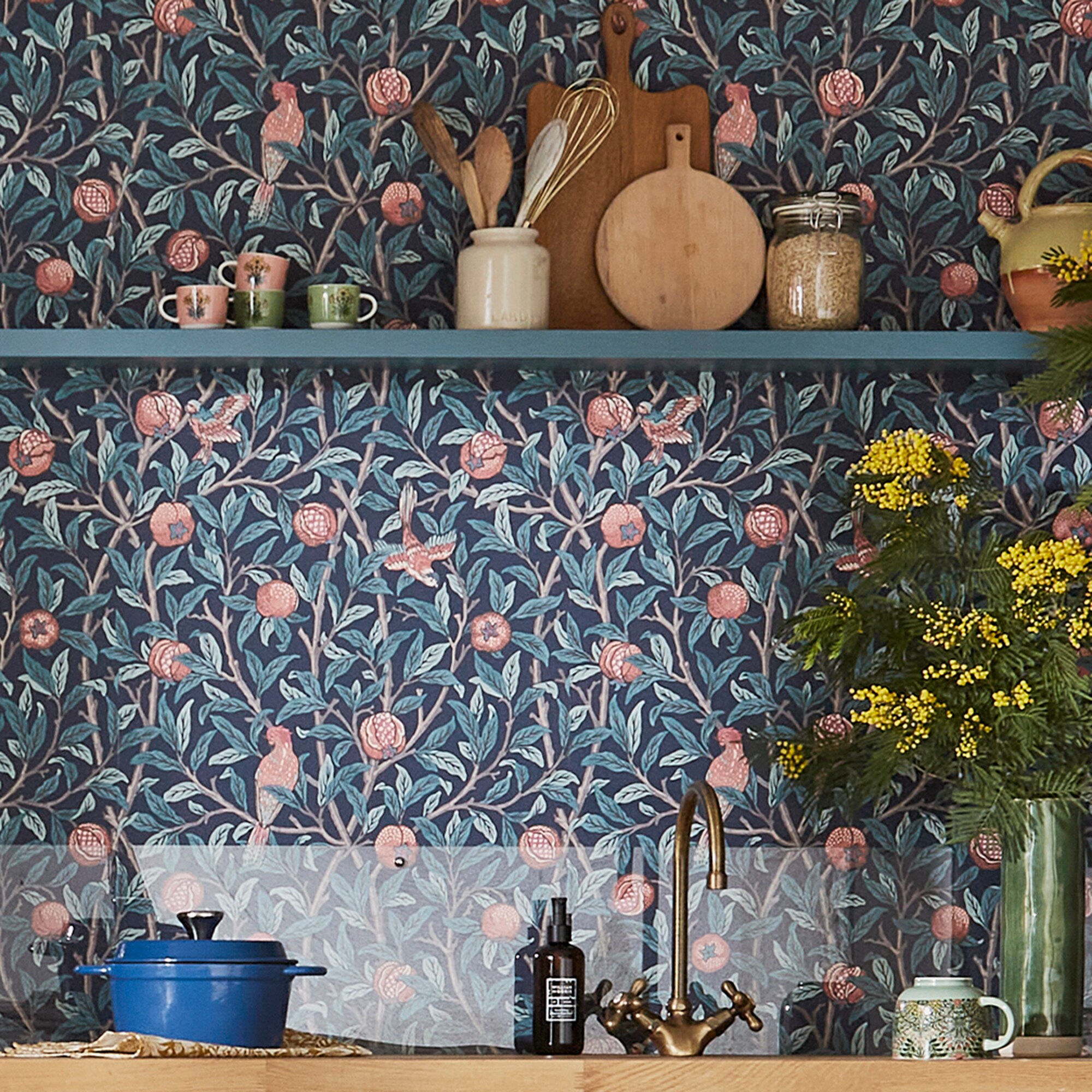 William Morris Navy Blue Floral Vinyl Wallpaper Roll